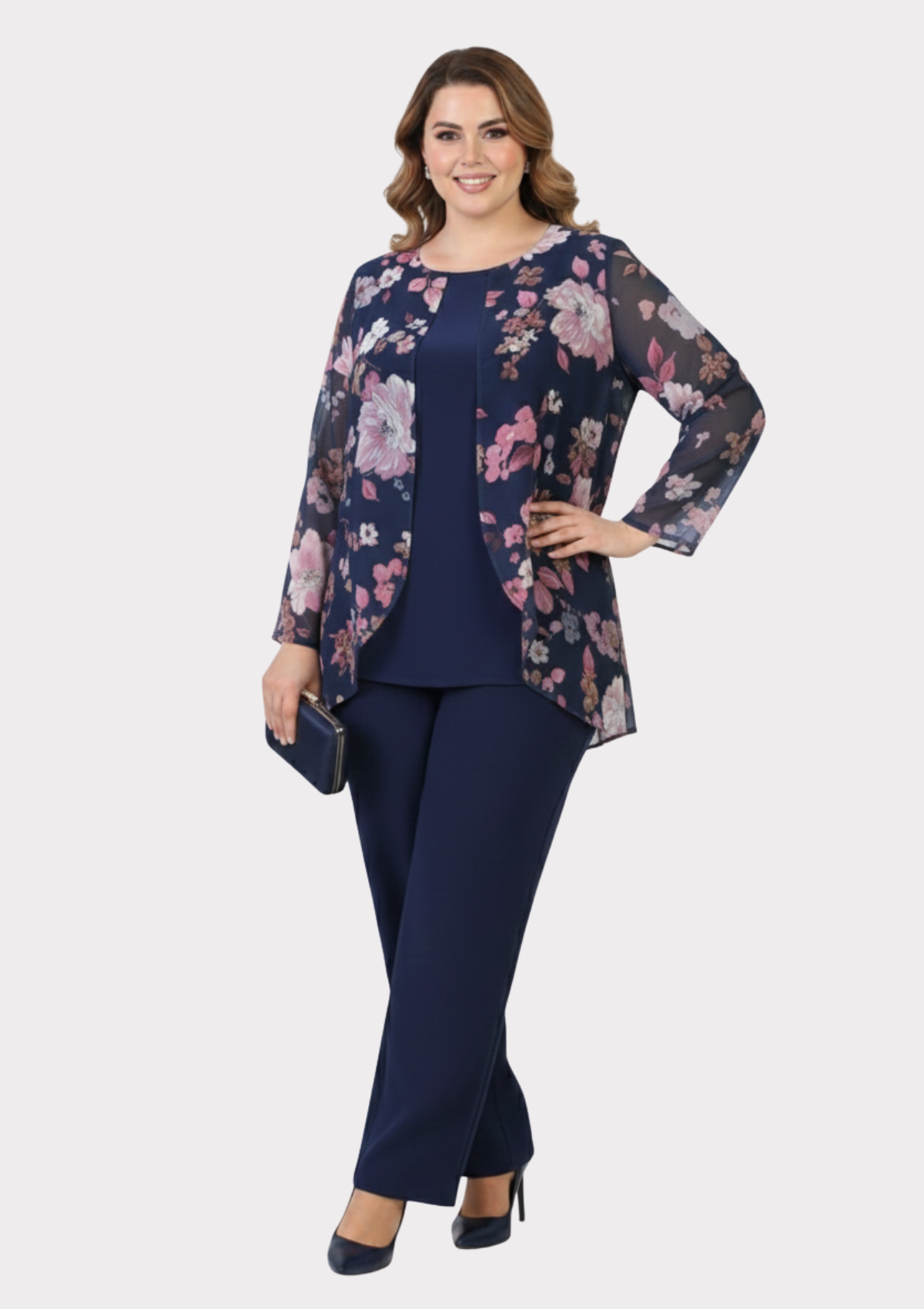 Büyük Beden Lacivert Renkli Çiçekli Şifon Bluz