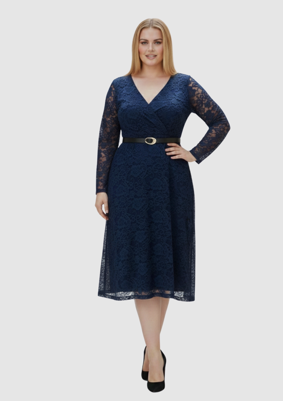 Büyük Beden Lacivert Renkli Dantel Kruvaze Yaka Abiye Elbise