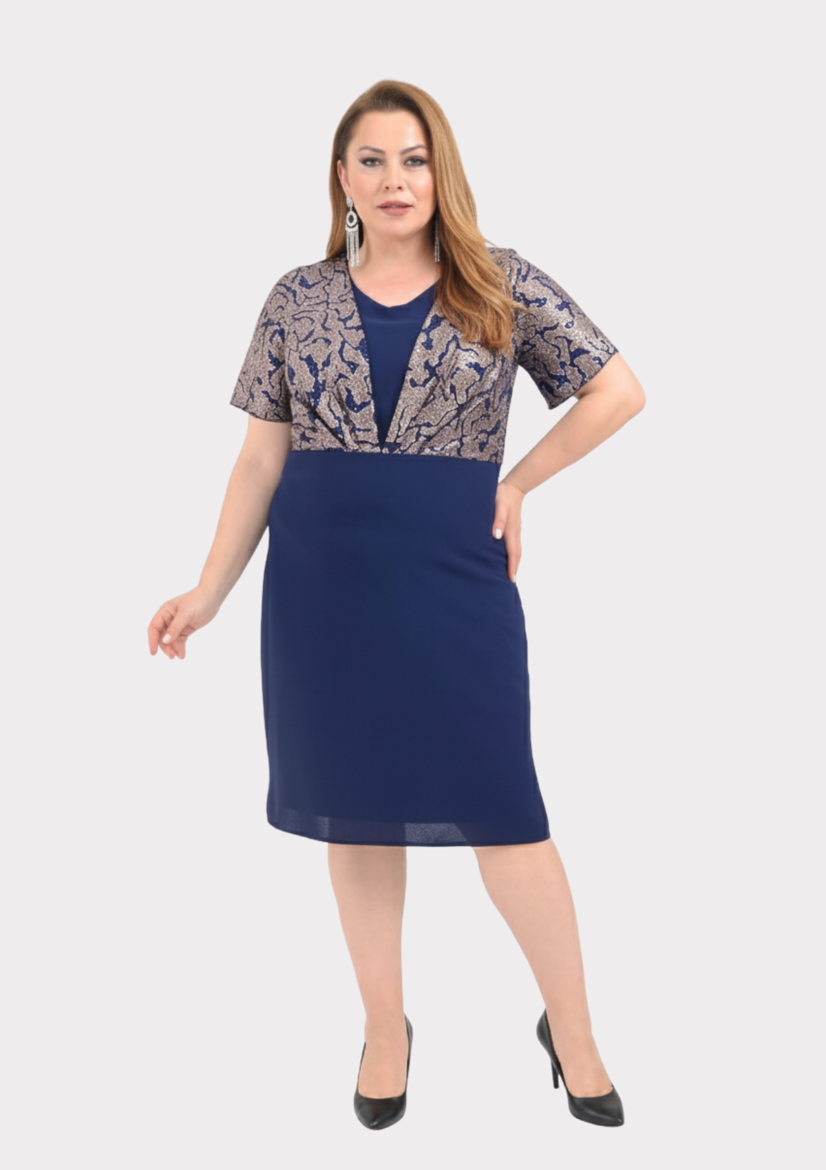 Büyük Beden Lacivert Renkli Krep Kumaş Kısa Abiye Elbise