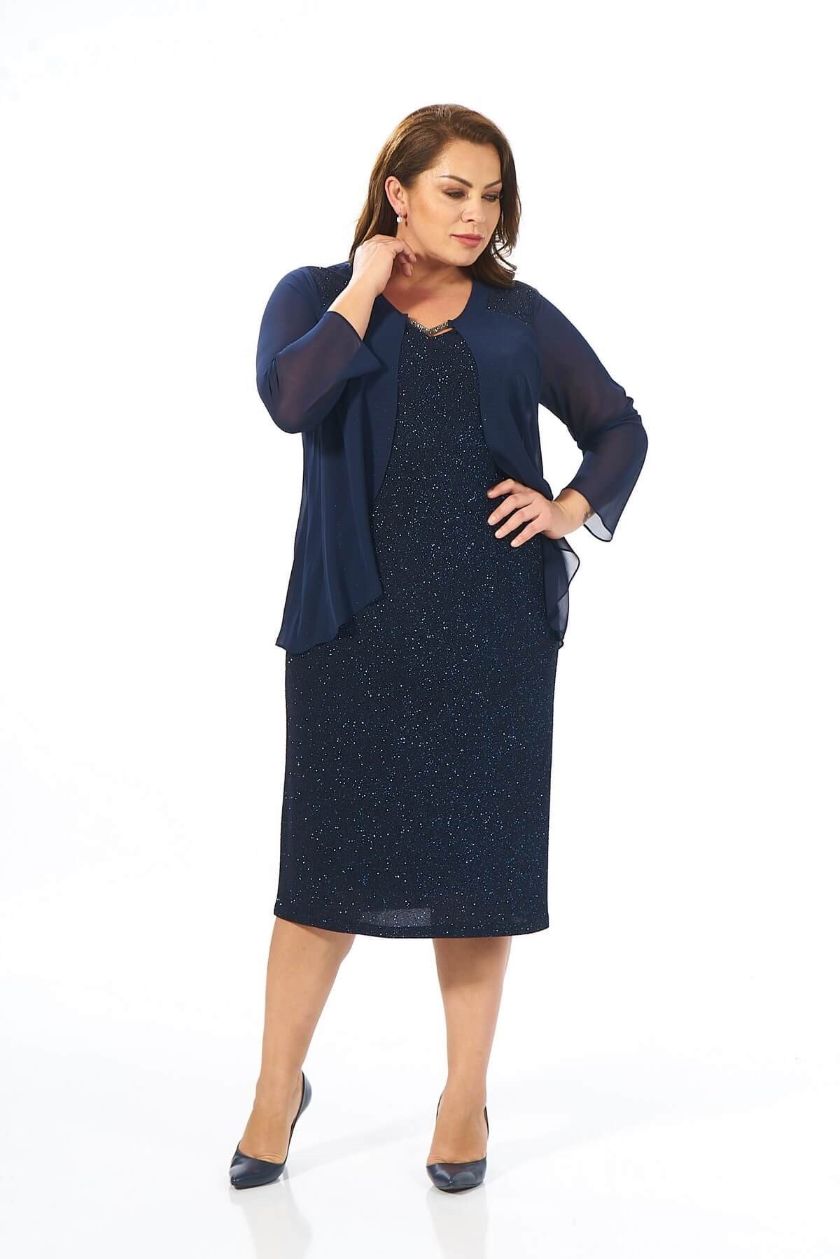 Büyük Beden Lacivert Renkli Likralı Simli Abiye Elbise