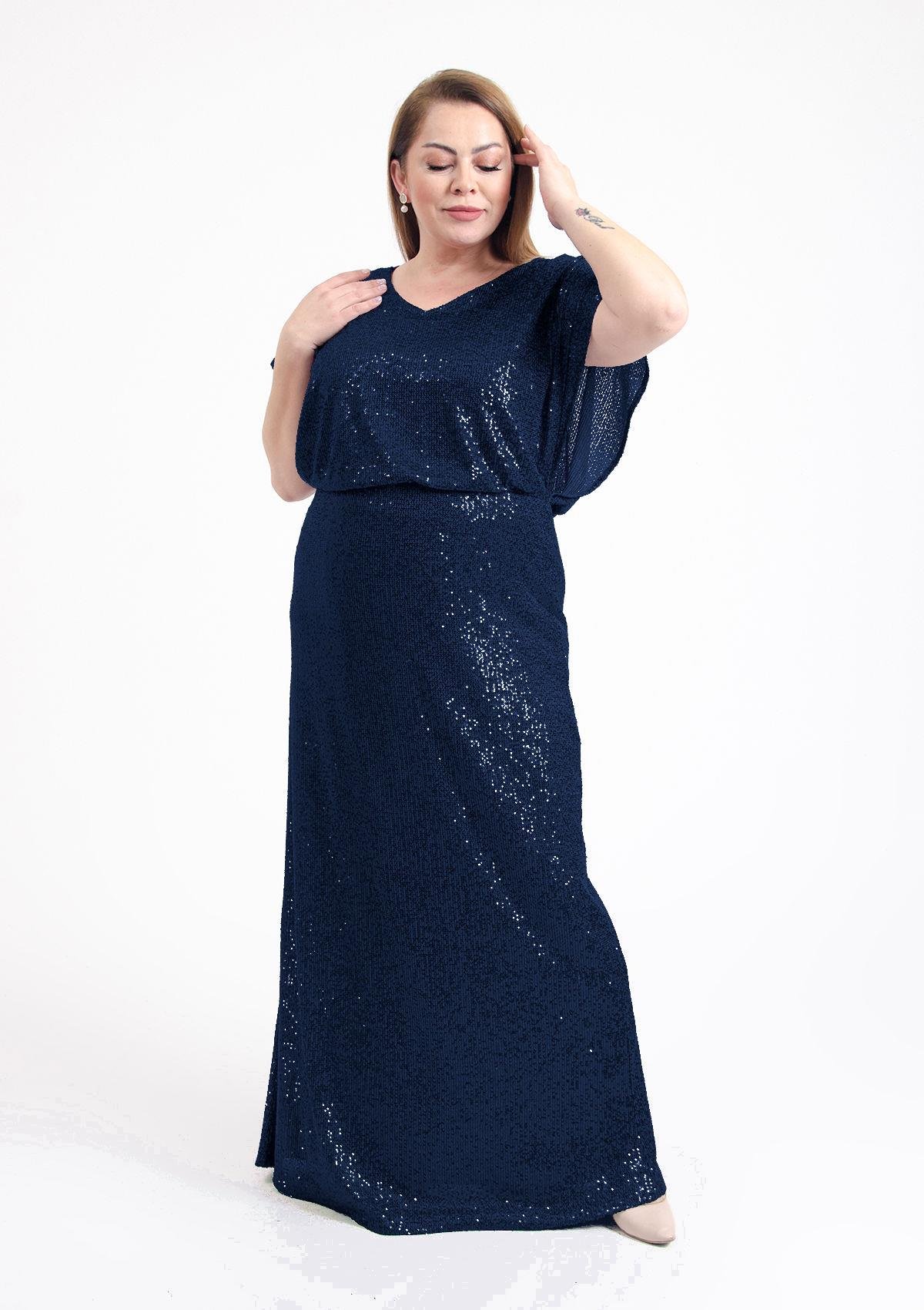 Büyük Beden Lacivert Renkli Pul Payetli Uzun Abiye Elbise