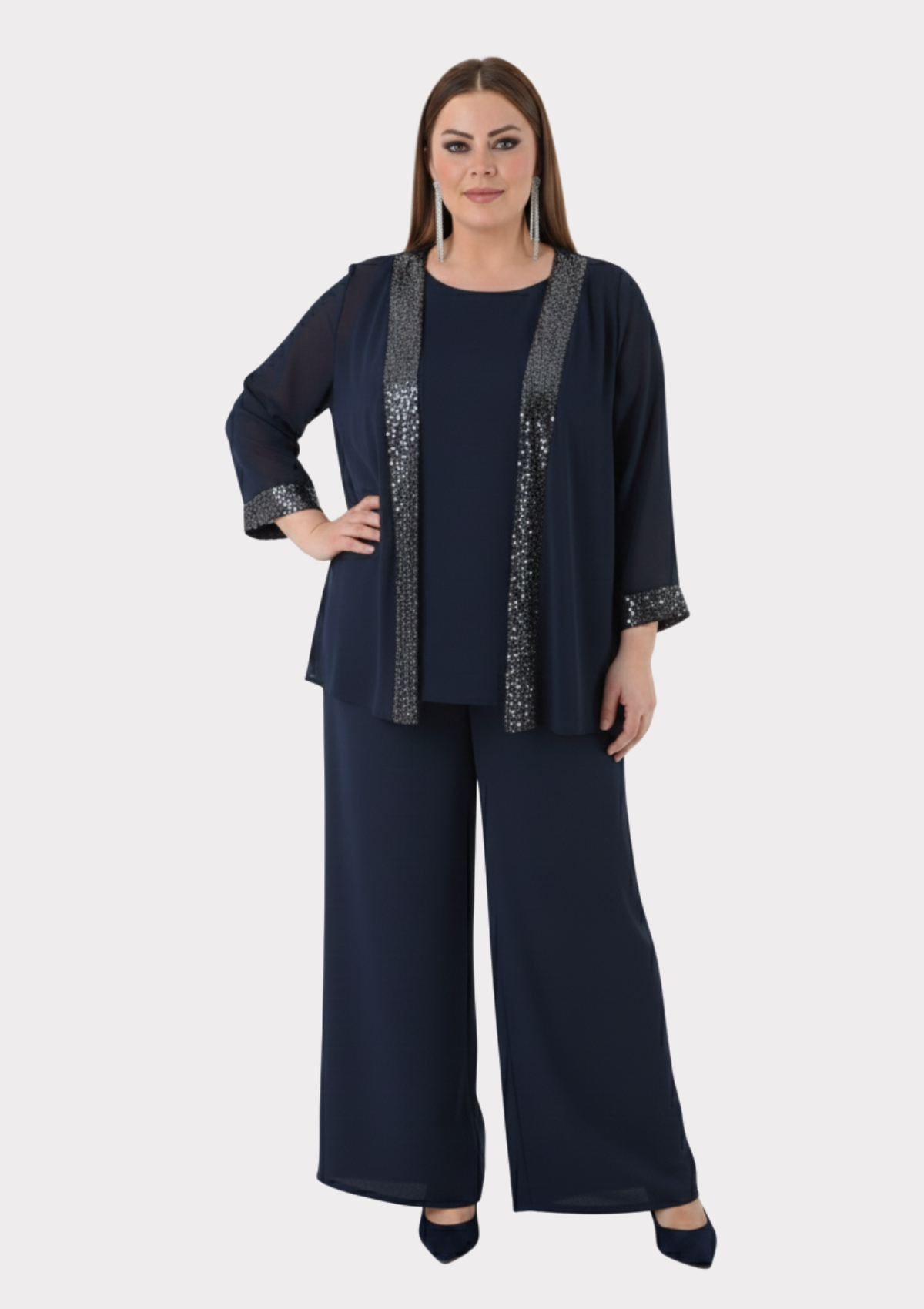 Büyük Beden Lacivert Renkli Şifon Abiye Pantolon Bluz Takım