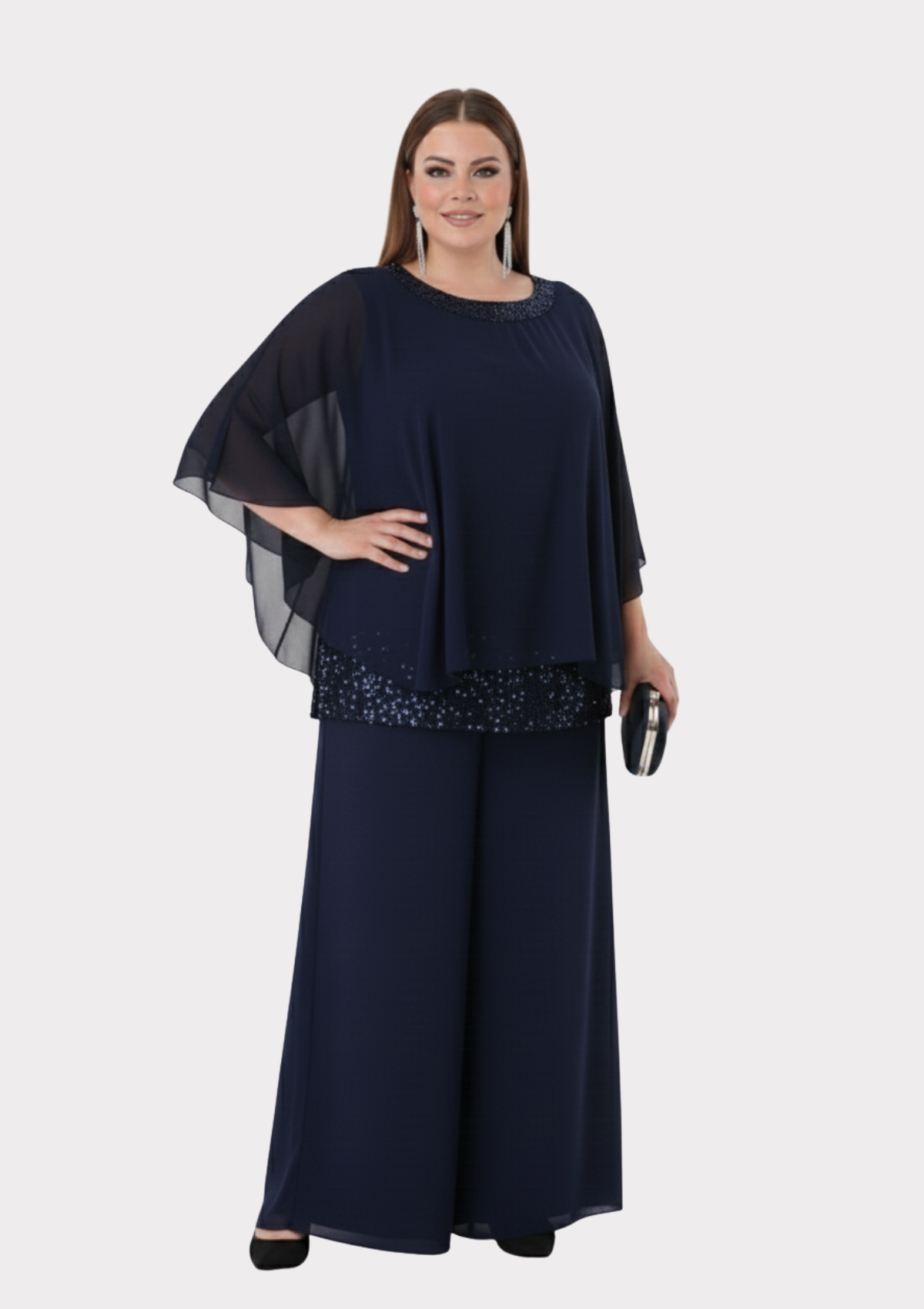 Büyük Beden Lacivert Renkli Şifon Abiye Pantolon Bluz Takım