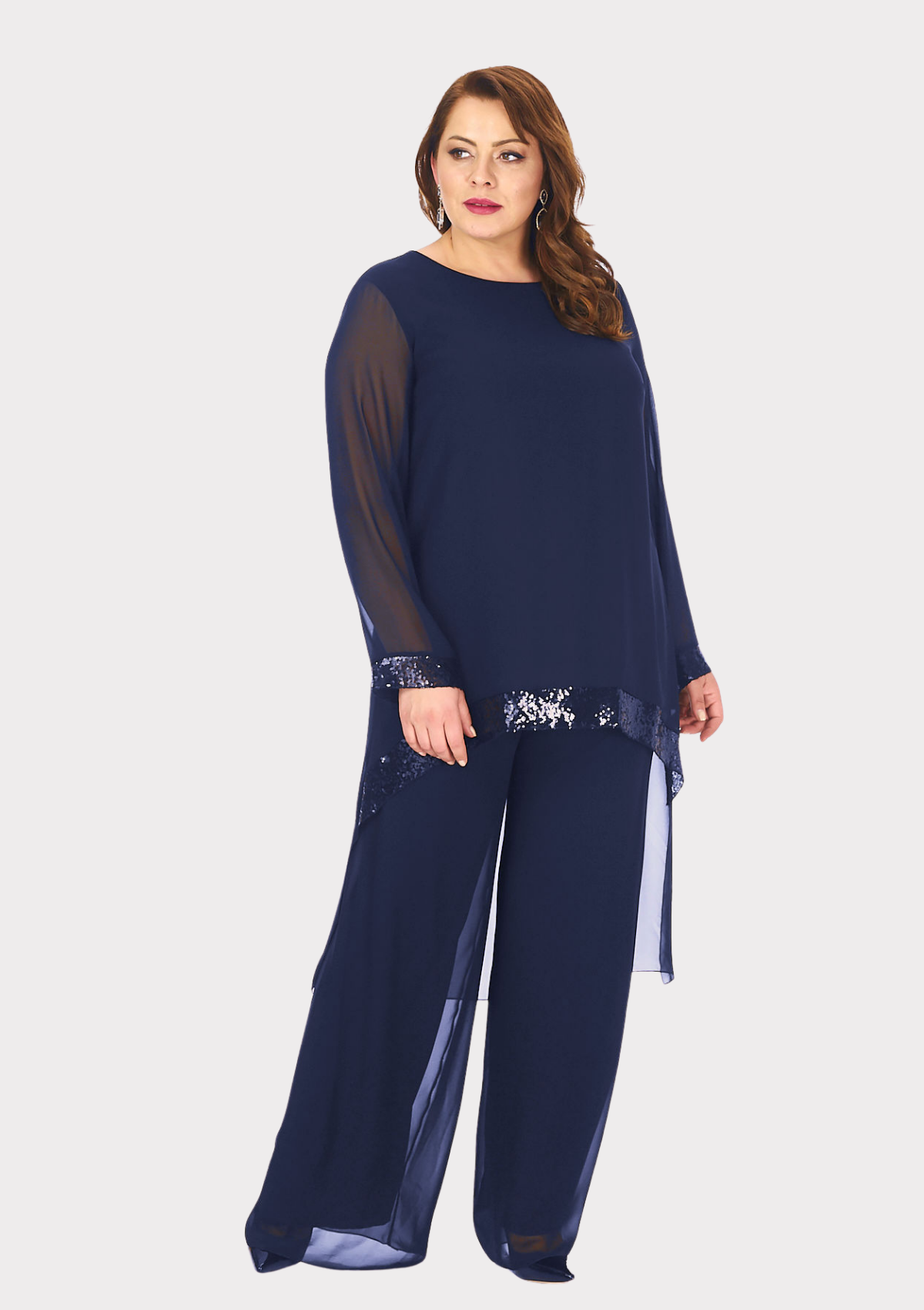 Büyük Beden Lacivert Renkli Şifon Abiye Pantolon Bluz Takım
