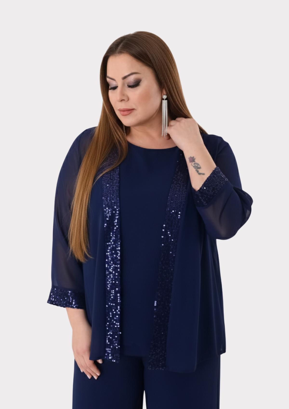 Büyük Beden Lacivert Renkli Şifon Ceketli Abiye Bluz