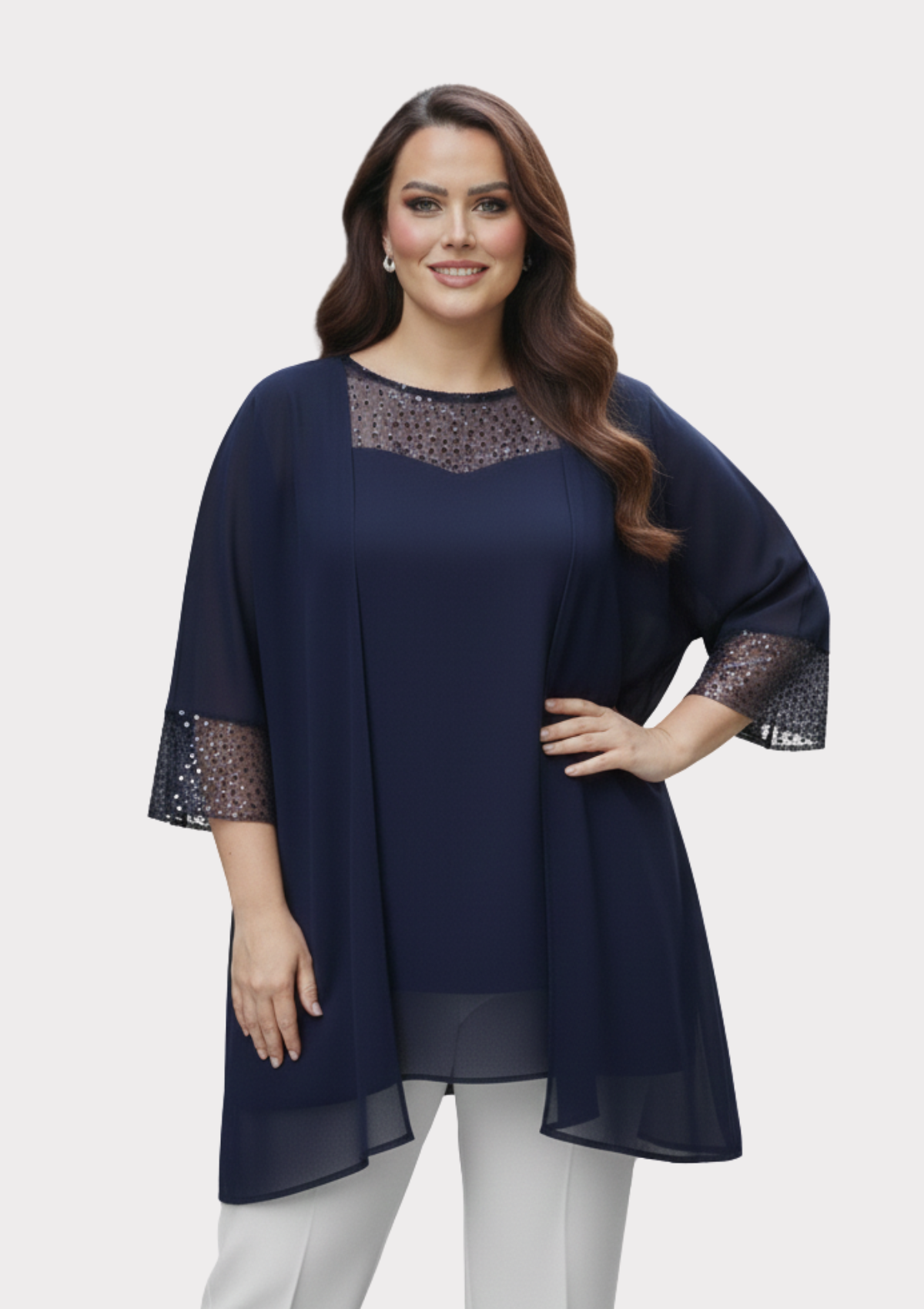 Büyük Beden Lacivert Renkli Şifon Ceketli Abiye Bluz