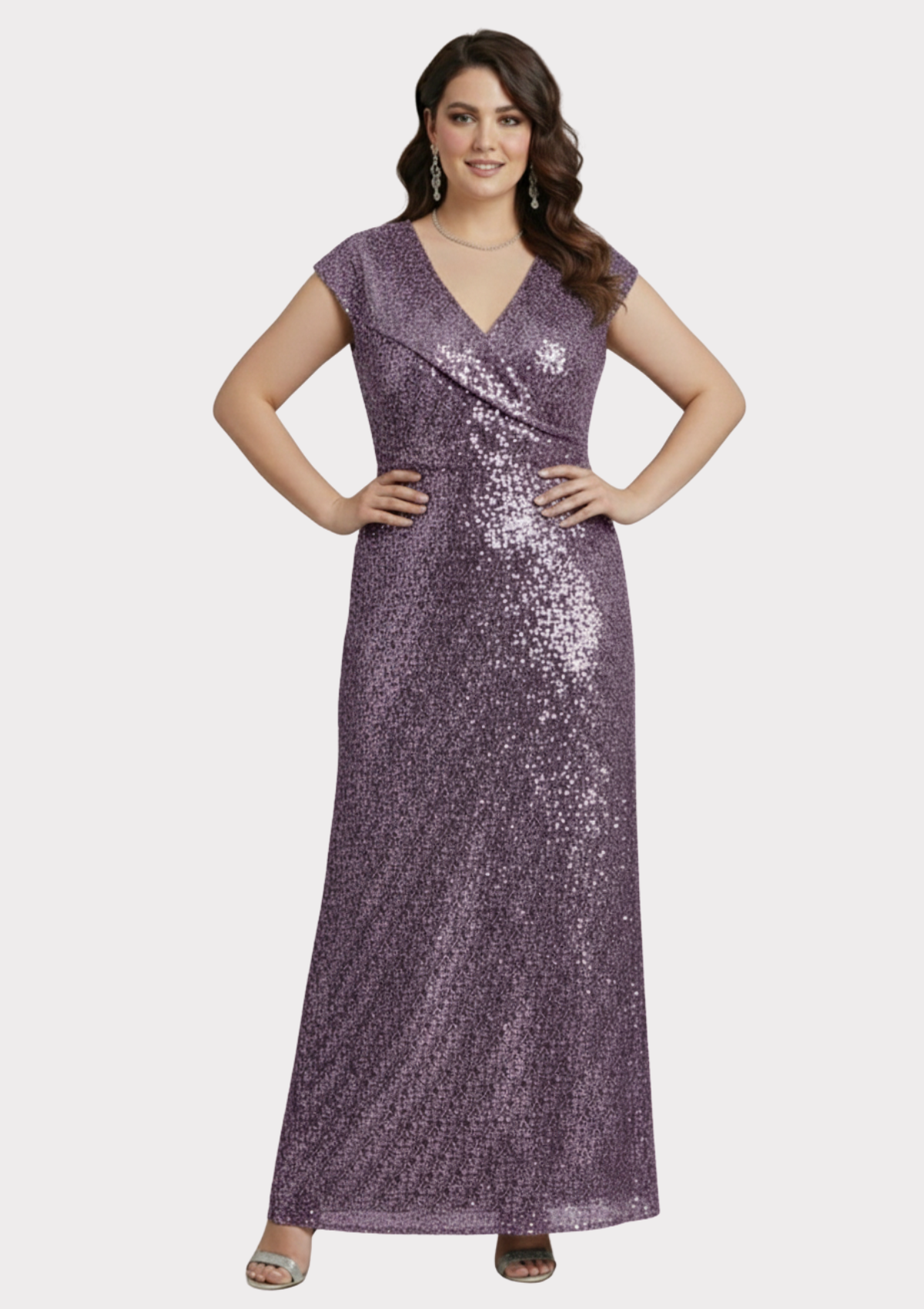 Büyük Beden Lavanta Renkli Payetli Likralı Uzun Abiye