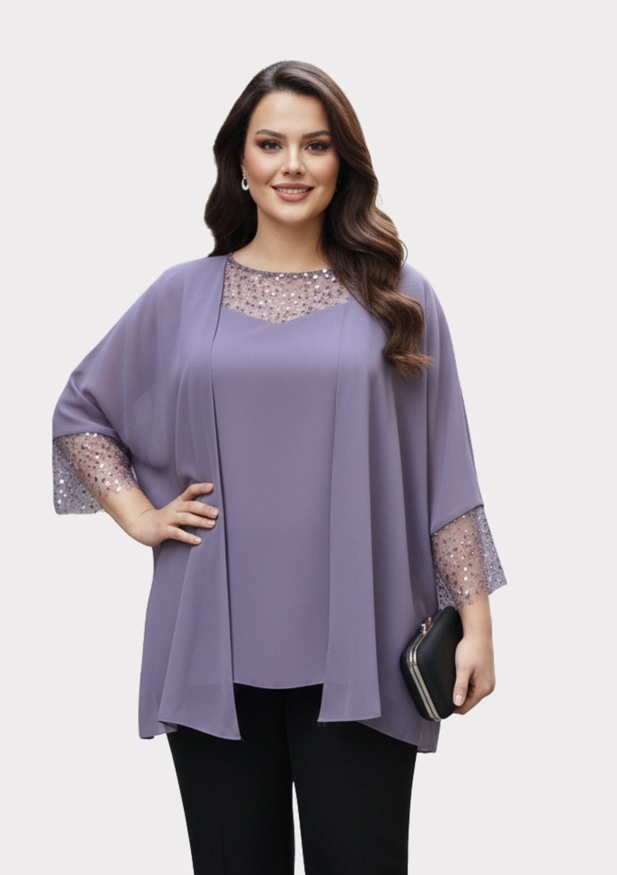 Büyük Beden Lavanta Renkli Şifon Ceketli Abiye Bluz