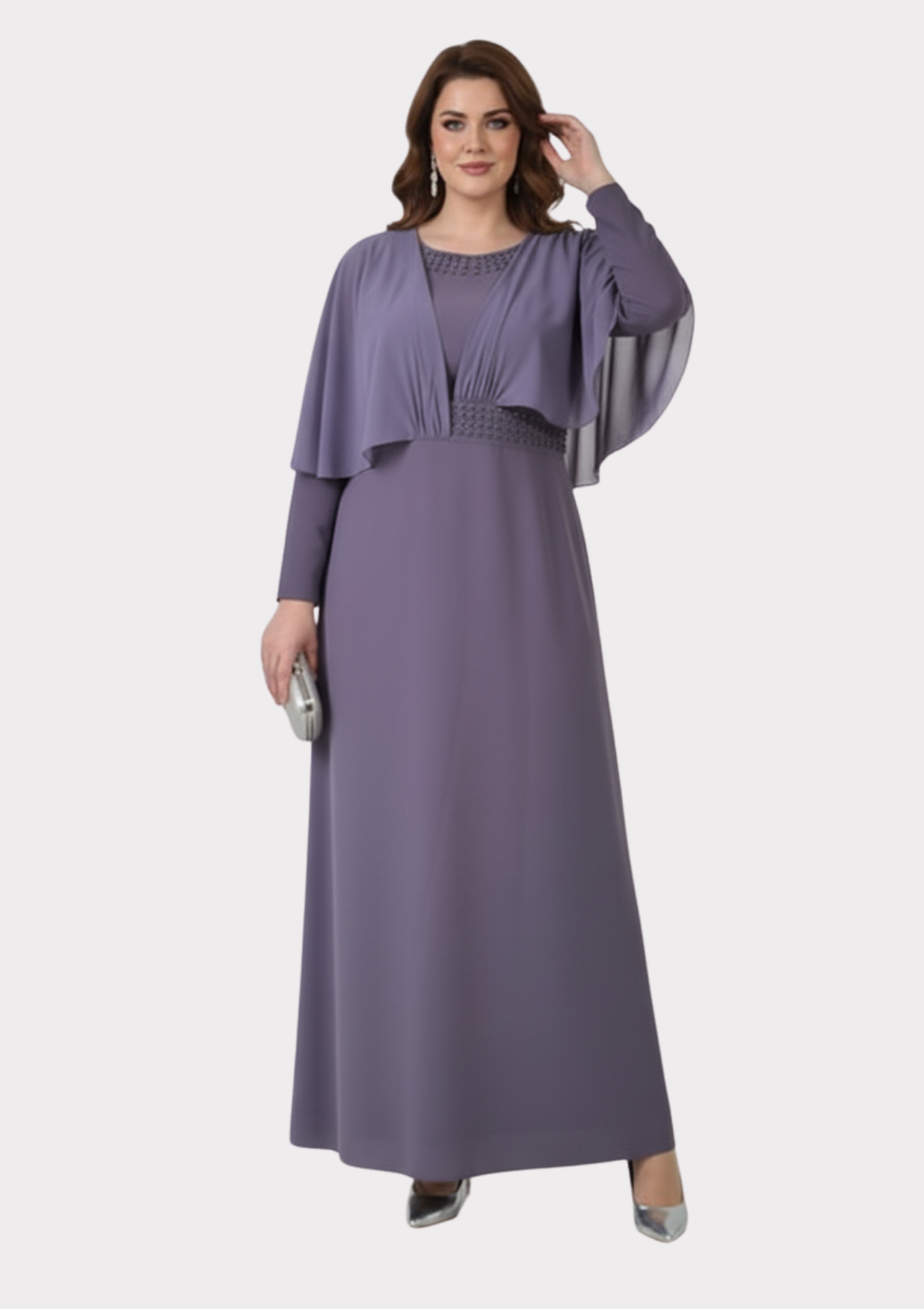 Büyük Beden Lila Renkli Uzun Kollu Şifon Abiye Elbise