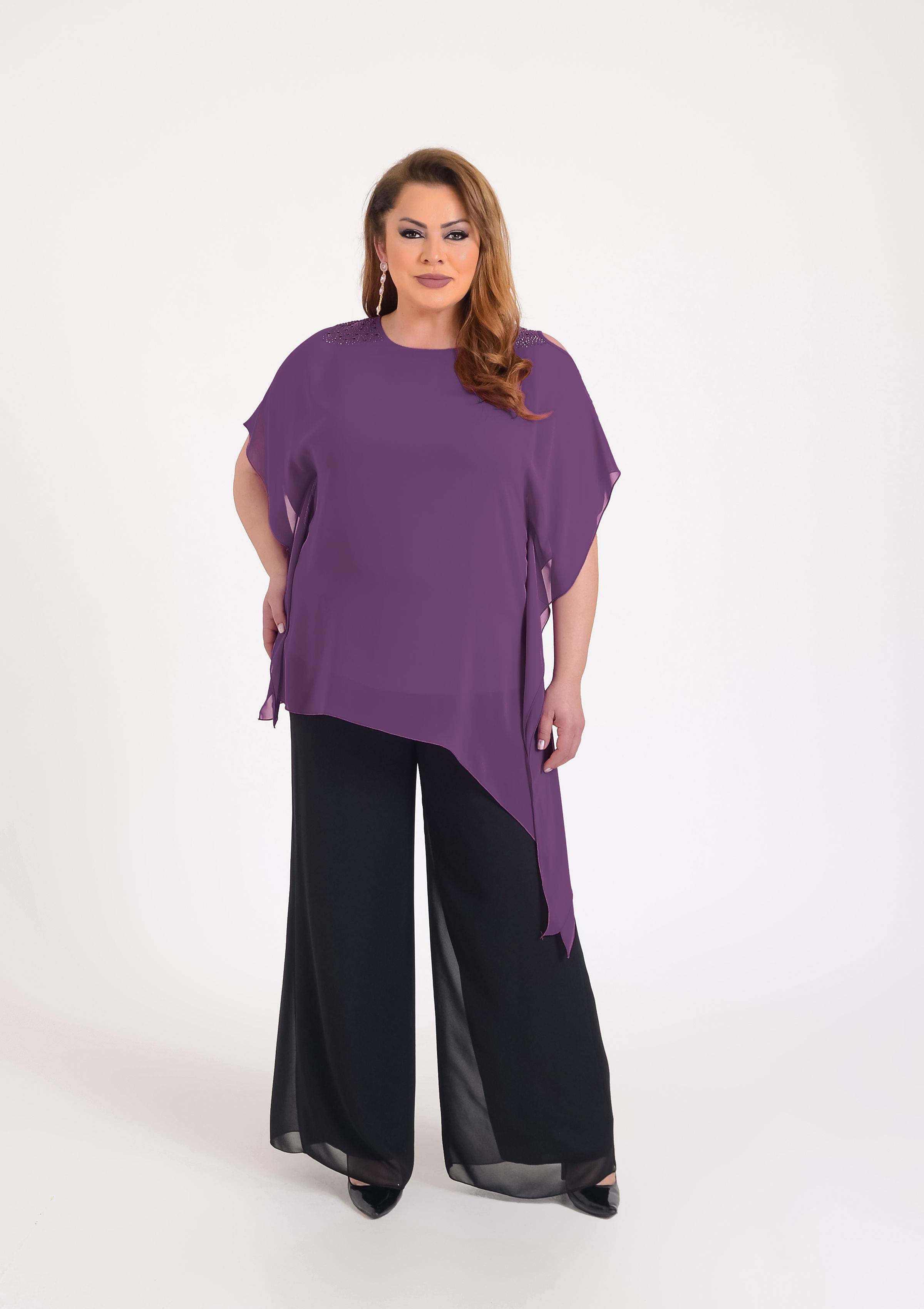Büyük Beden Mor Renkli Asimetrik Kesim Şifon Bluz