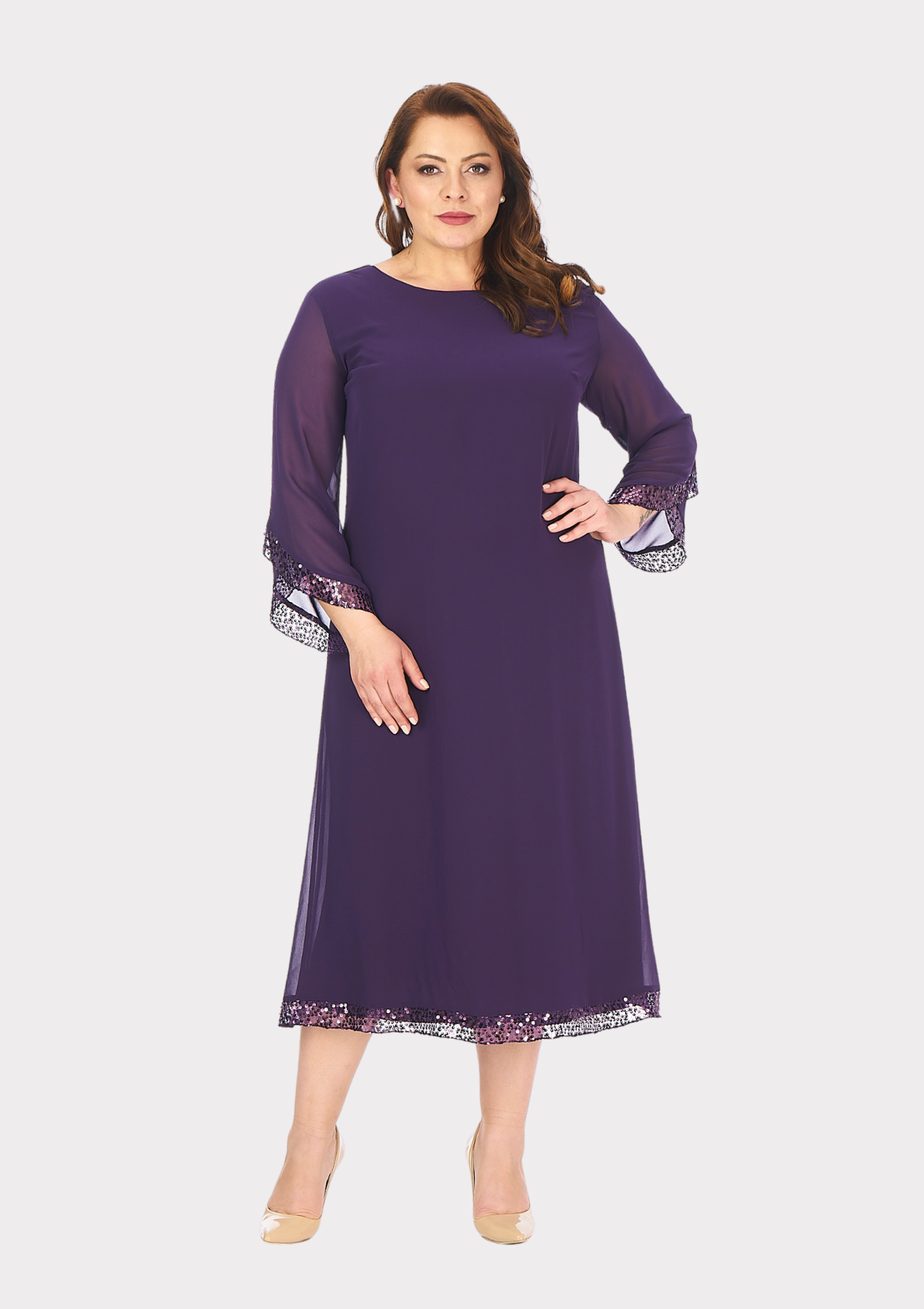 Büyük Beden Mürdüm Renkli Kısa Şifon Abiye Elbise