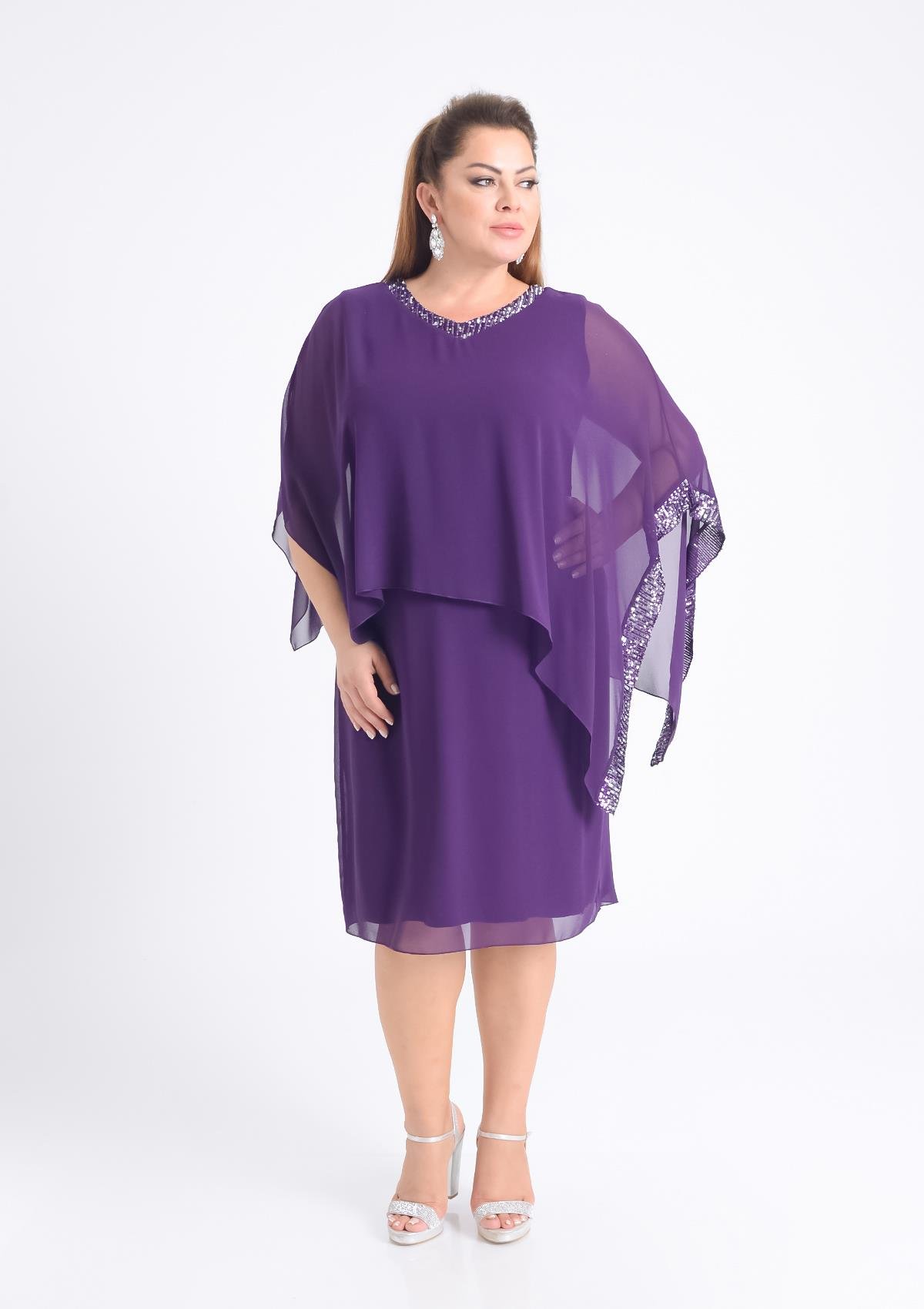 Büyük Beden Mürdüm Renkli V Yaka Şifon Abiye Elbise