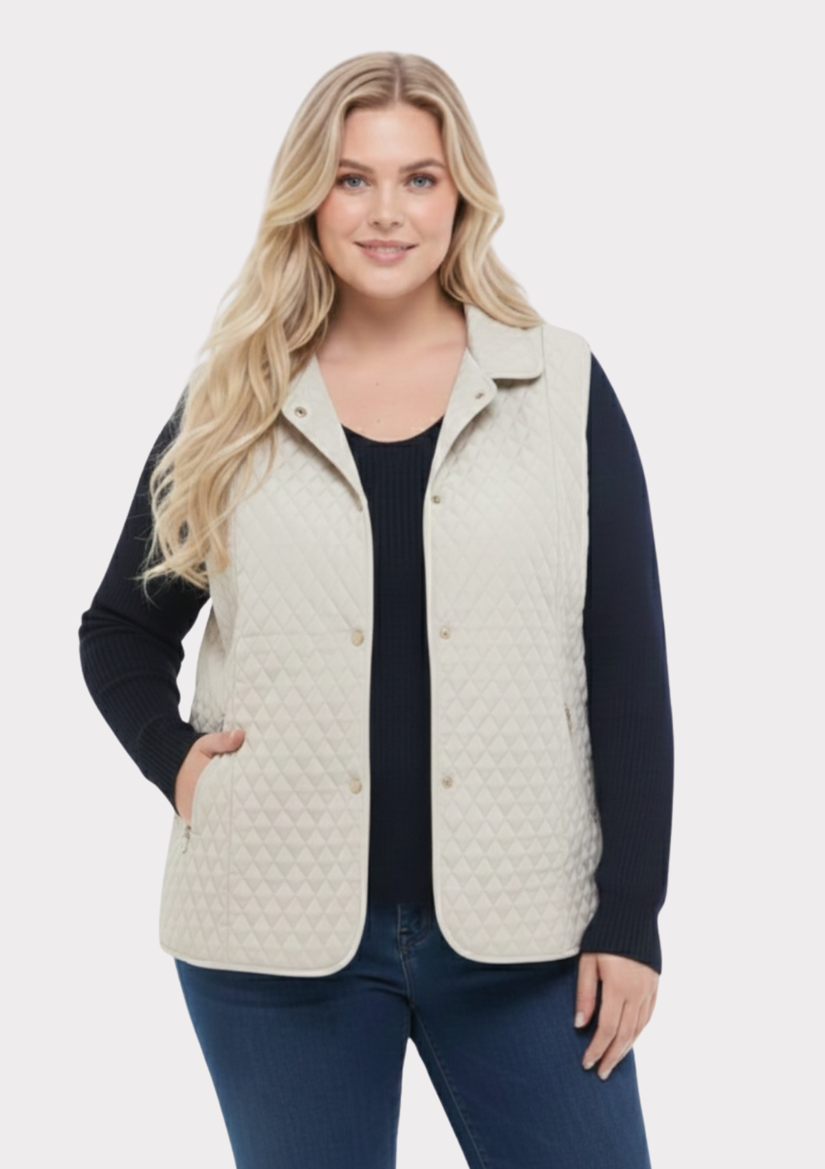 Büyük Beden Polo Yaka Bej Renkli Kapitone Yelek