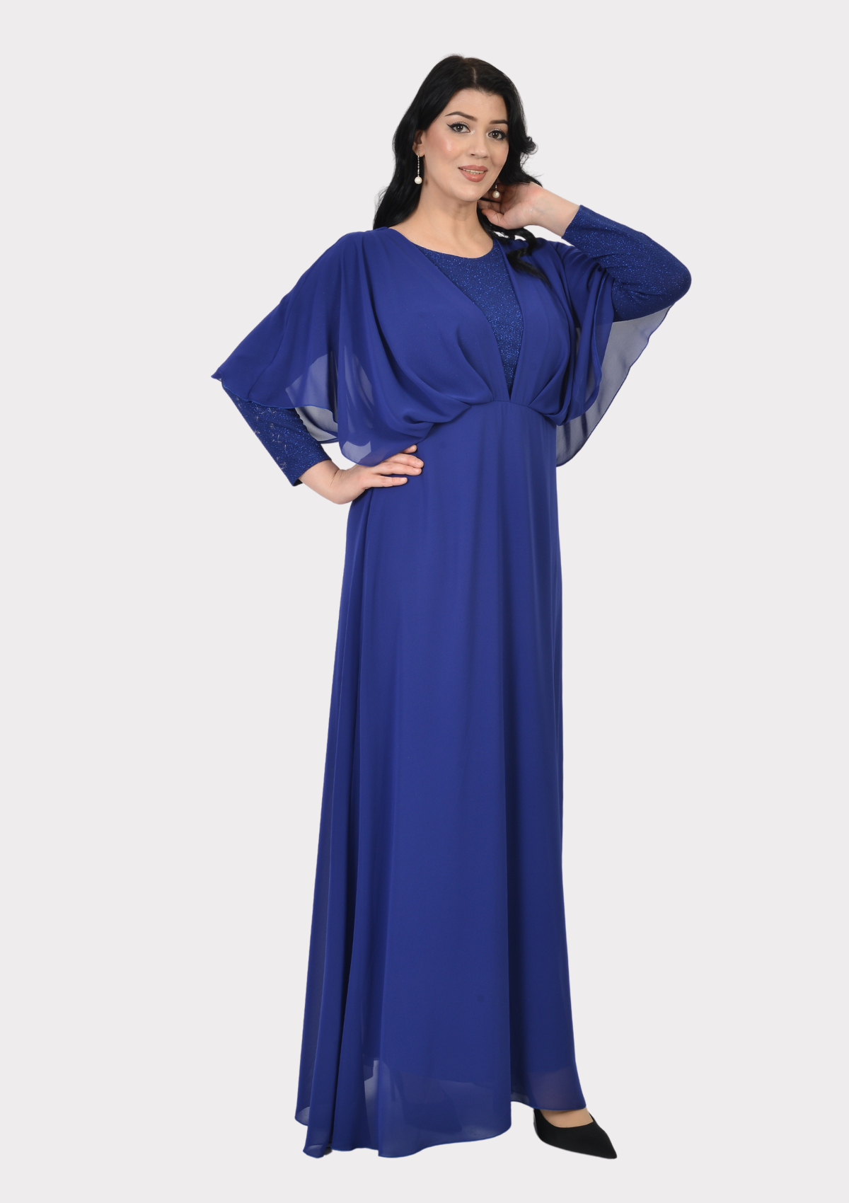 Büyük Beden Sax Renkli Likralı Simli Abiye Elbise