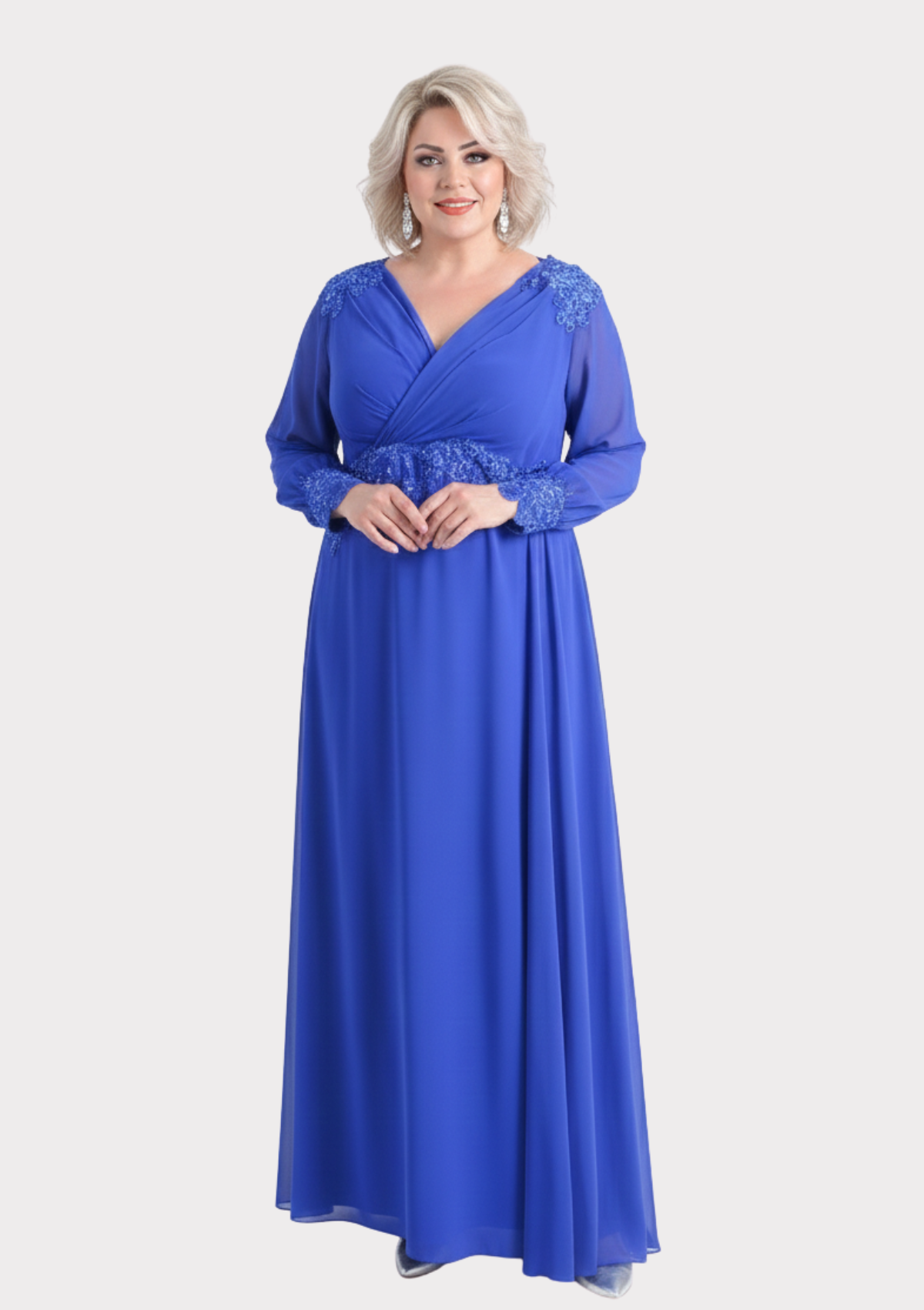 Büyük Beden Sax Renkli Uzun Şifon Abiye Elbise