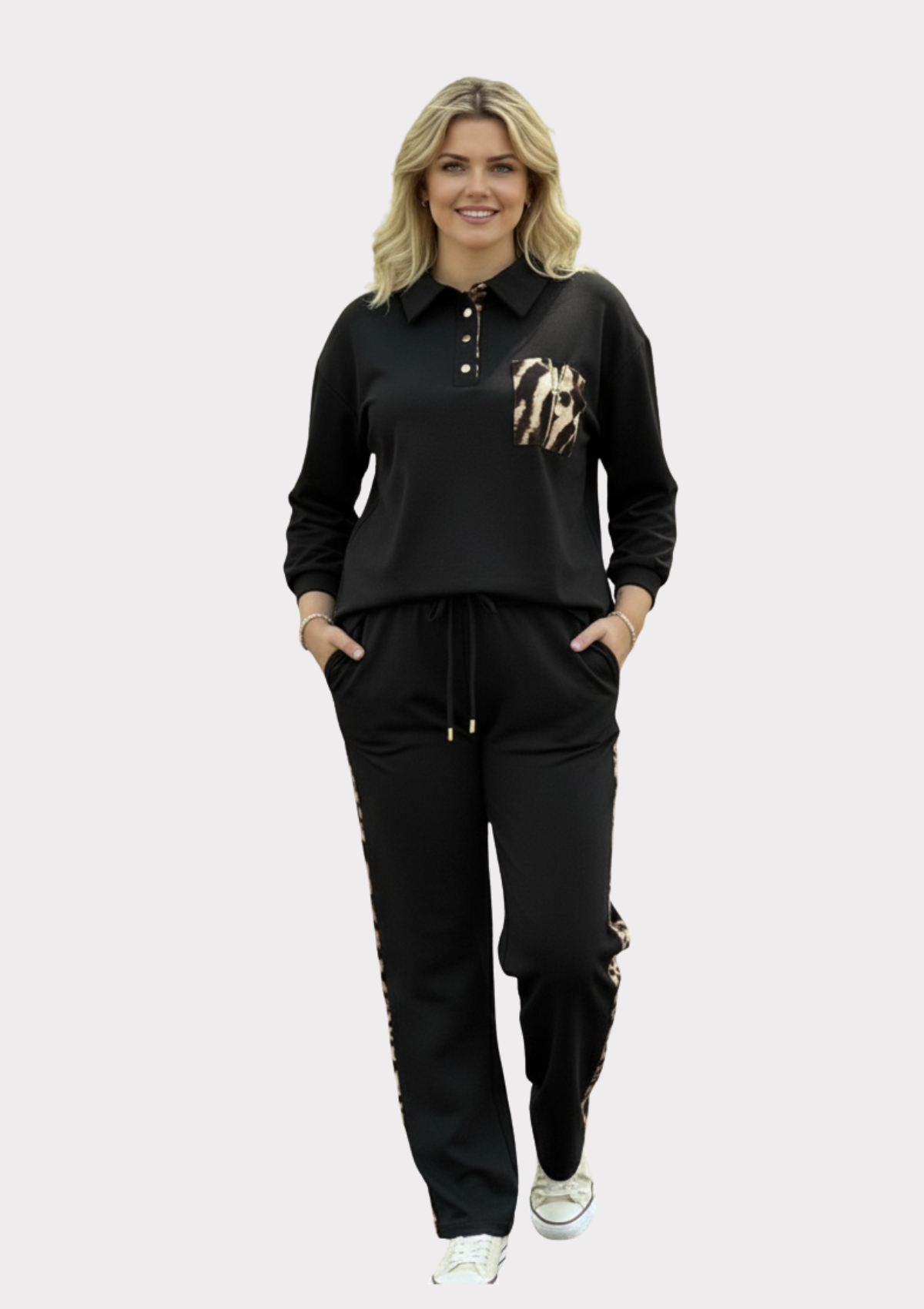 Büyük Beden Siyah Renkli Likralı Polo Yaka Eşofman Takım