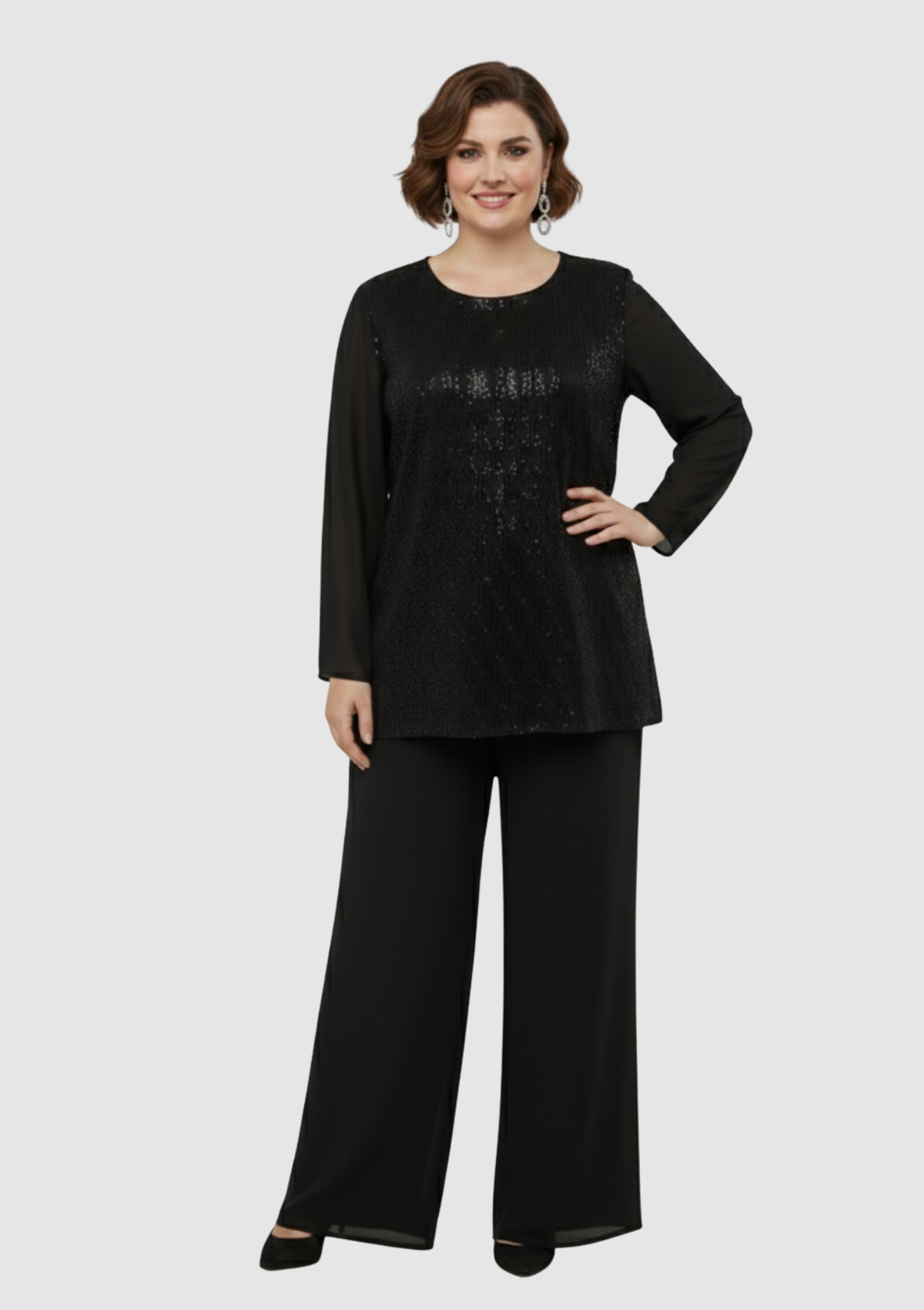 Büyük Beden Siyah Renkli Şifon Abiye Pantolon Bluz Takım