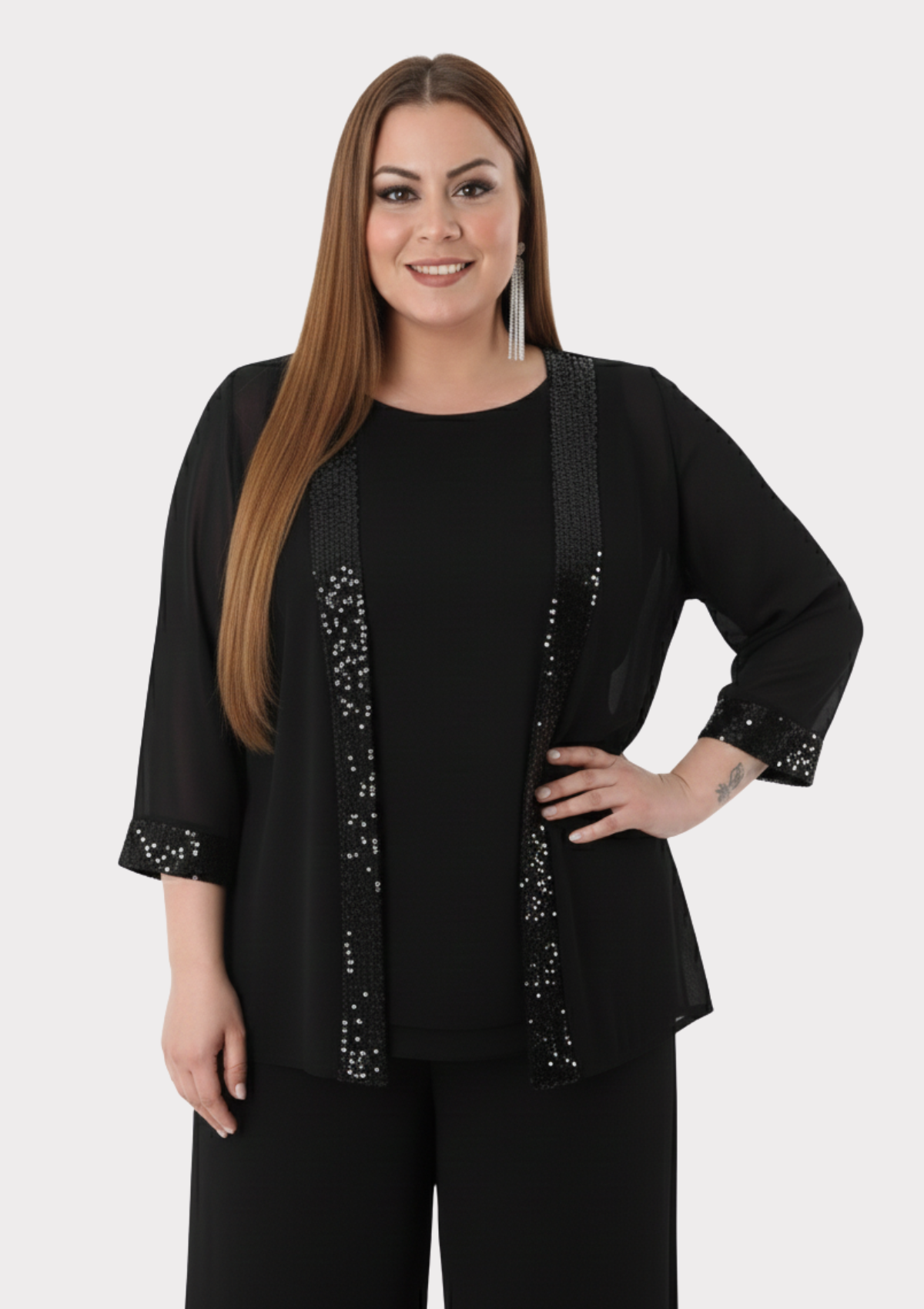 Büyük Beden Siyah Renkli Şifon Ceketli Abiye Bluz