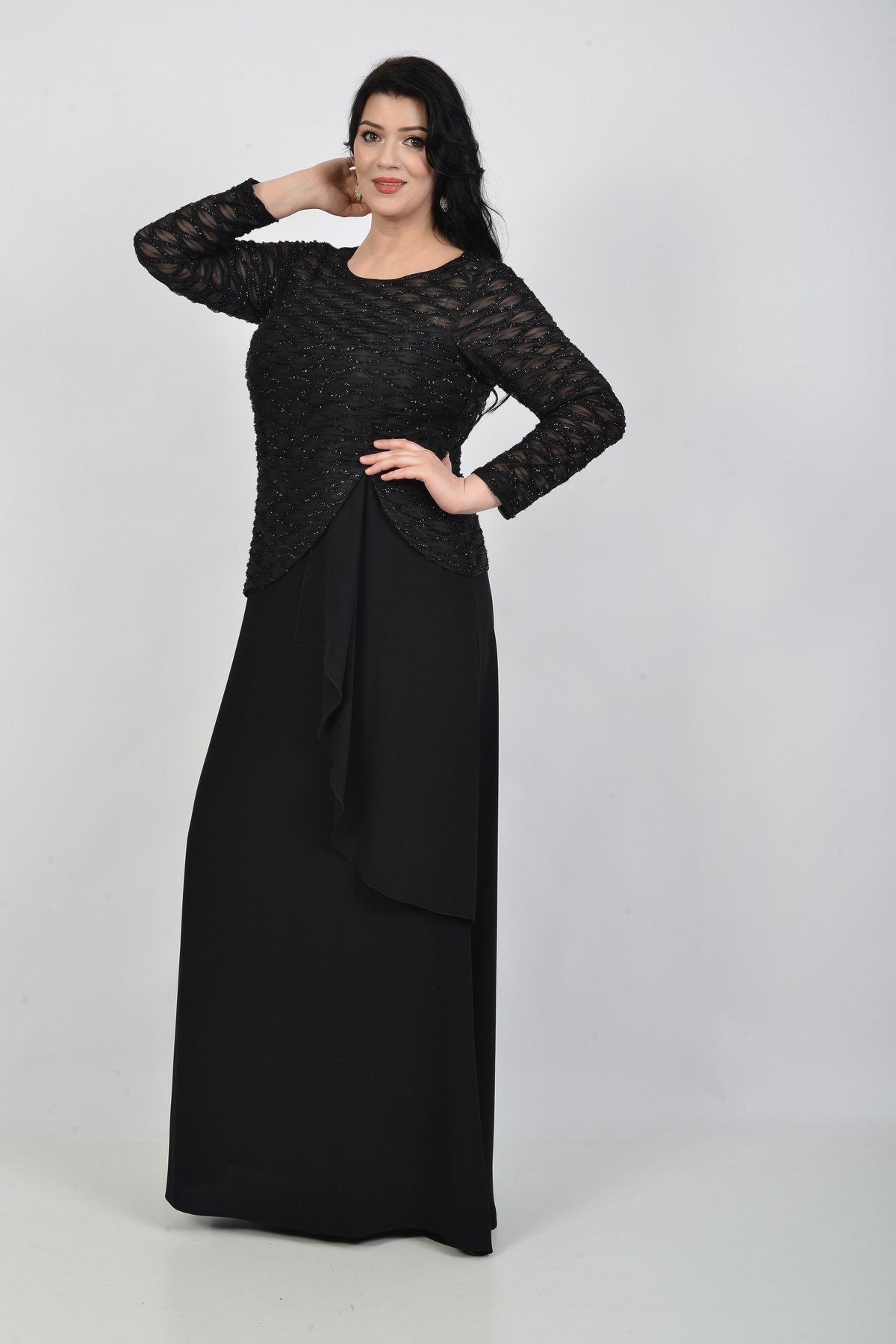 Büyük Beden Siyah Renkli Şifon Uzun Abiye Elbise - LilasXXL