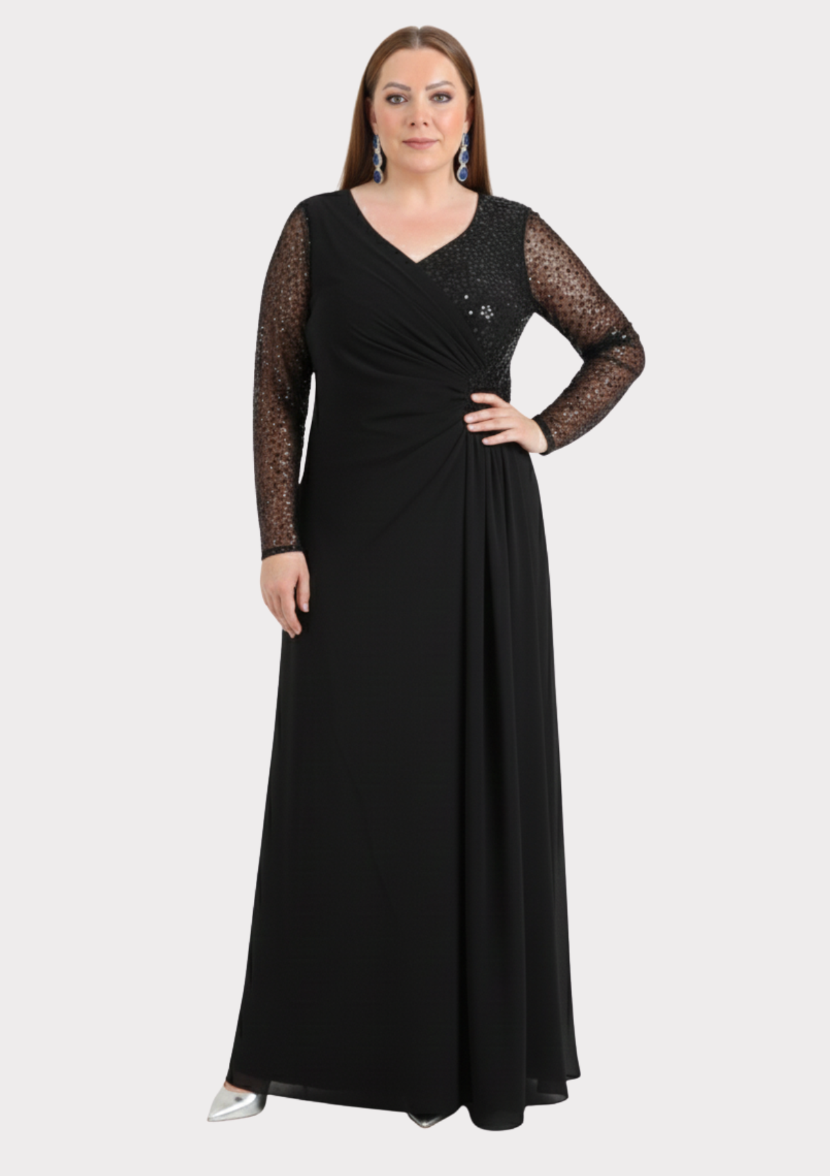 Büyük Beden Siyah Renkli Şifon Uzun Abiye Elbise