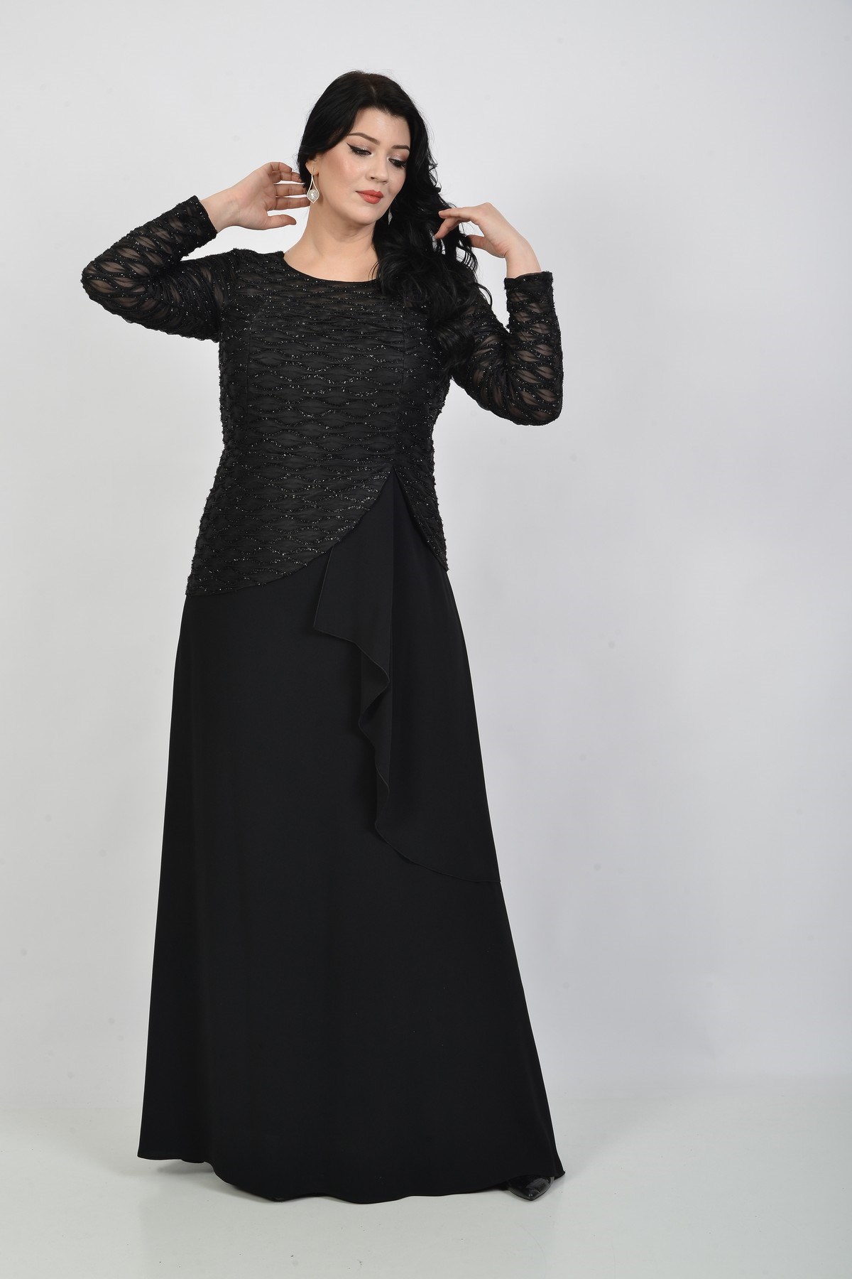 Büyük Beden Siyah Renkli Şifon Uzun Abiye Elbise - LilasXXL