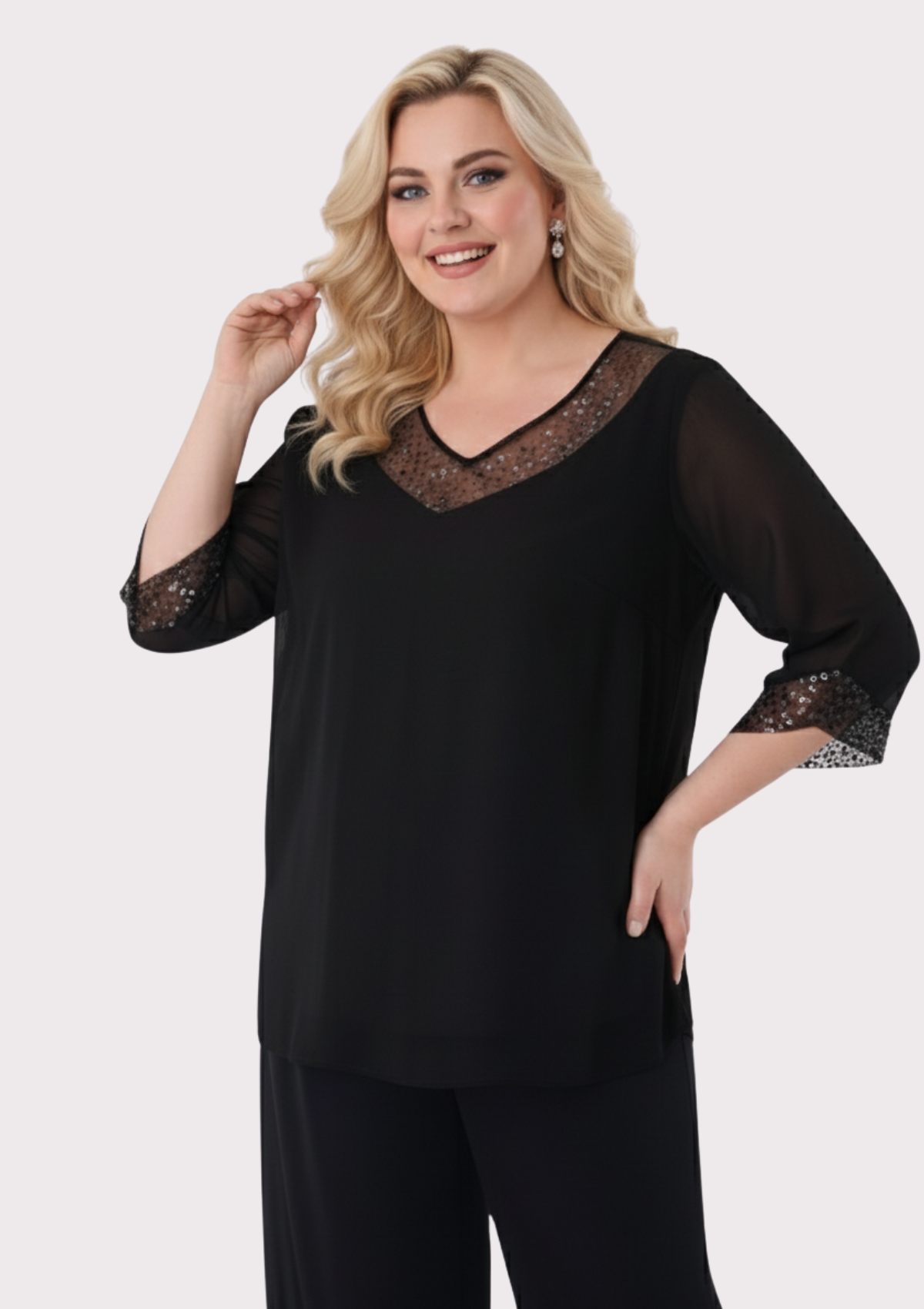 Büyük Beden Siyah Renkli Şifon V Yaka Abiye Bluz