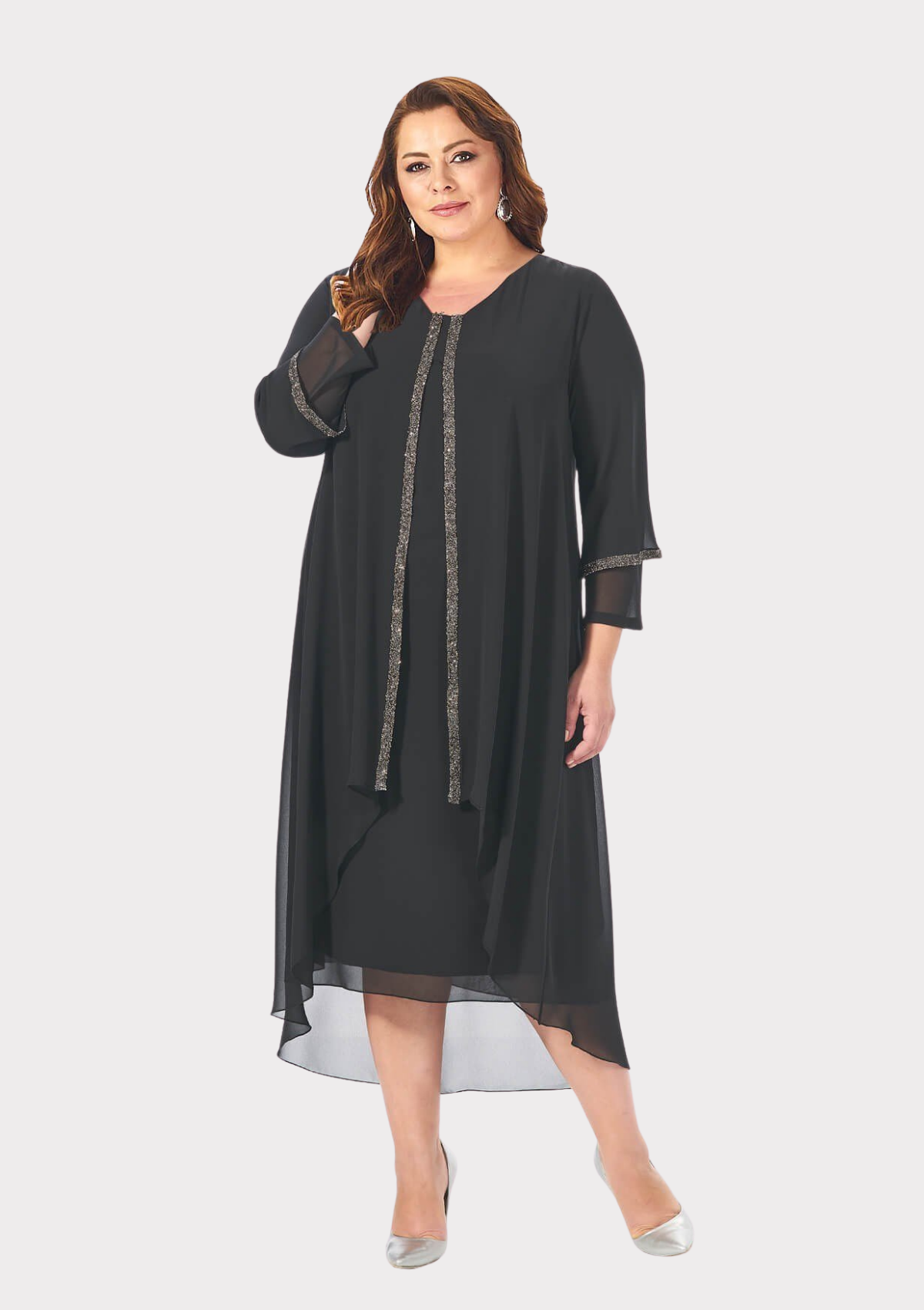 Büyük Beden Siyah Renkli Taş Baskılı Kısa Abiye Elbise