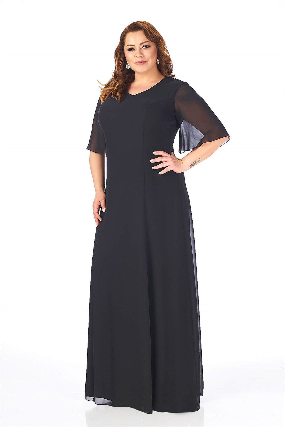 Büyük Beden Siyah Renkli Uzun Şifon Elbise - LilasXXL
