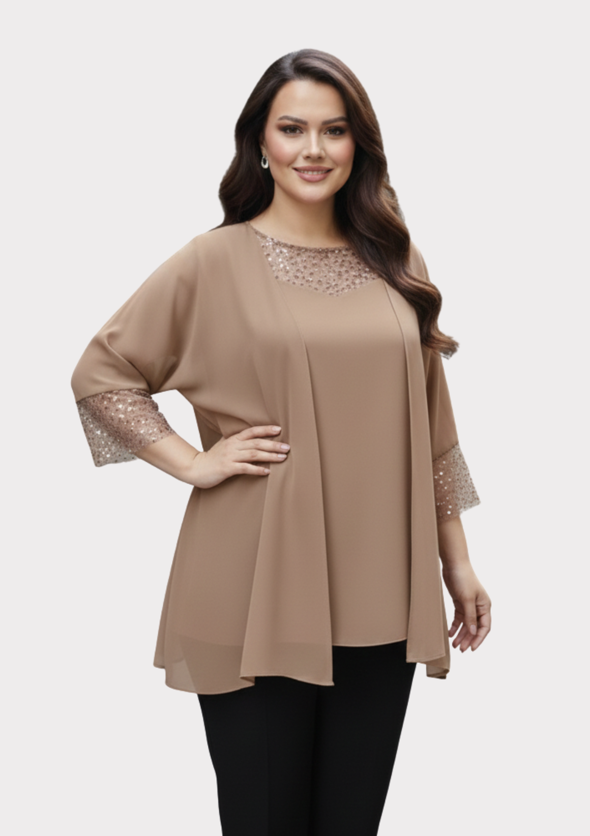 Büyük Beden Vizon Renkli Şifon Ceketli Abiye Bluz