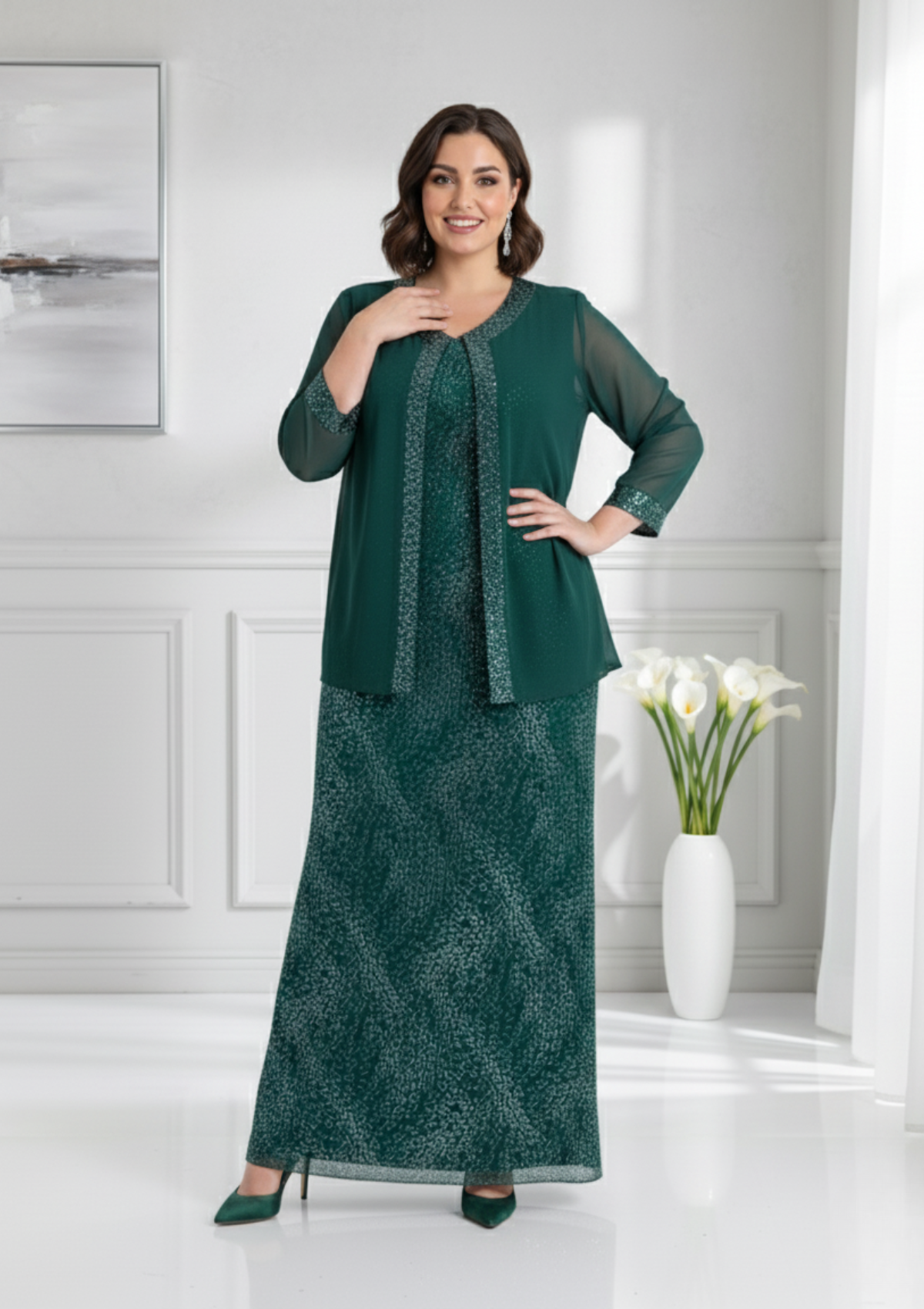 Büyük Beden Yeşil Renkli Glitter Baskı Dantelli Şifon Ceketli Uzun Abiye Elbise