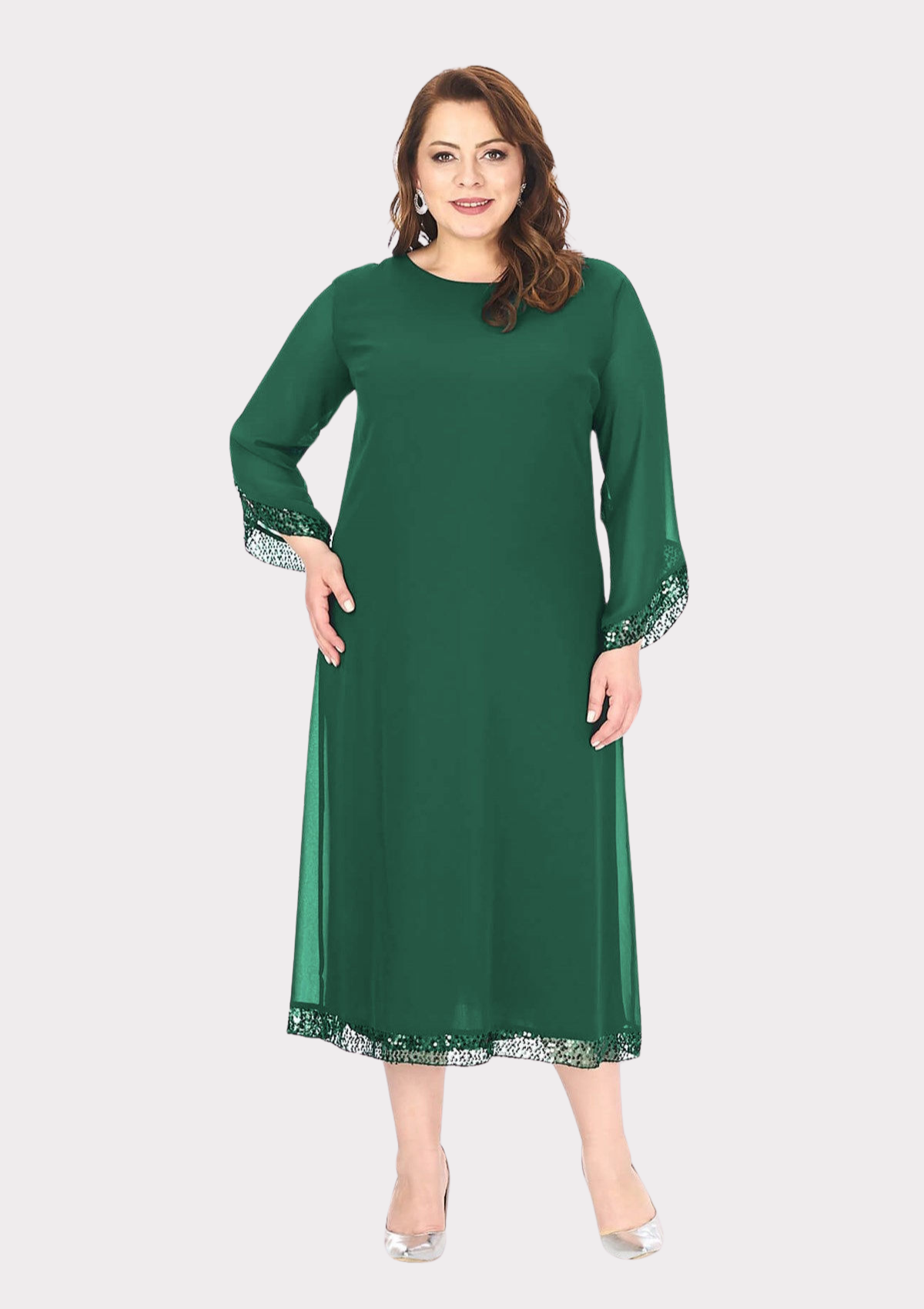 Büyük Beden Yeşil Renkli Kısa Şifon Abiye Elbise