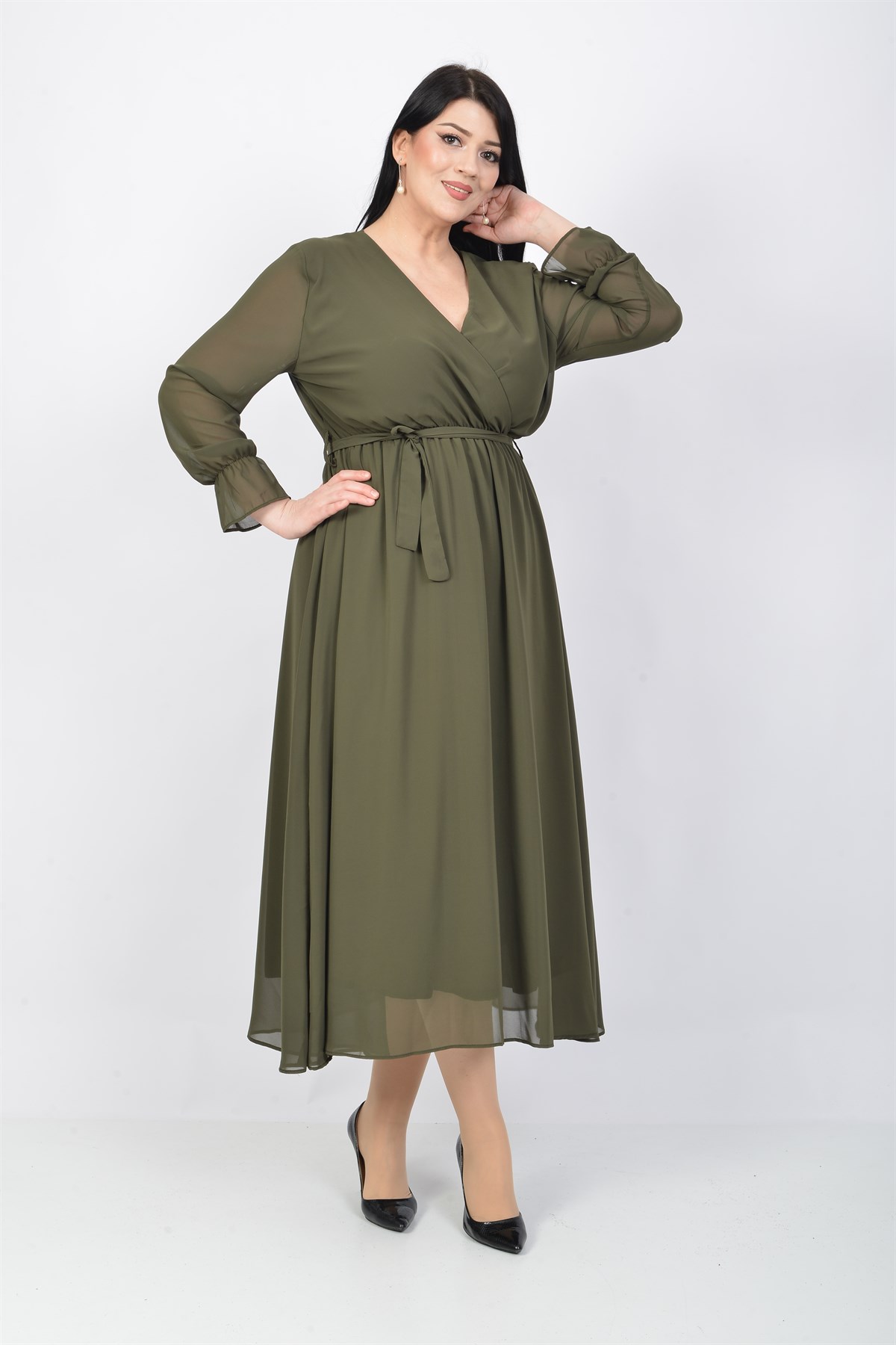 Büyük Beden Yeşil Renkli Kruvaze Yaka Uzun Şifon Elbise - LilasXXL