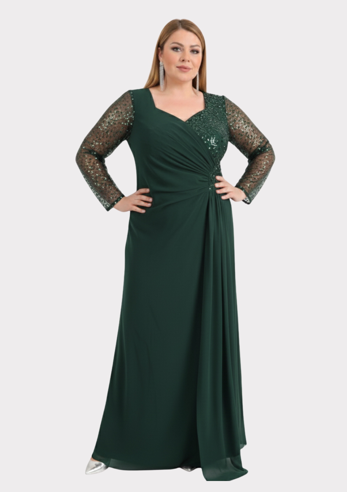 Büyük Beden Yeşil Renkli Şifon Uzun Abiye Elbise