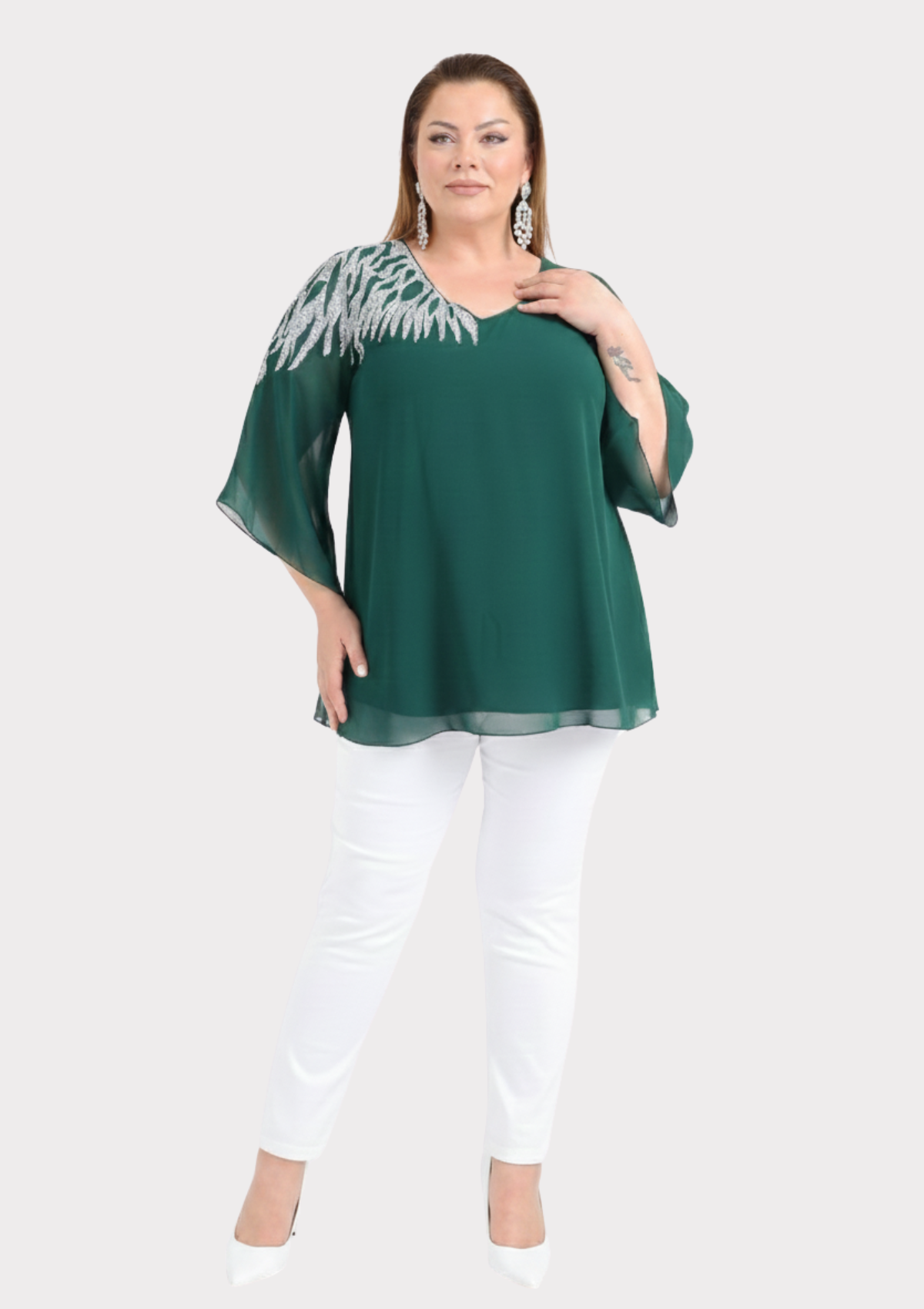 Büyük Beden Yeşil Renkli Şifon V Yaka Abiye Bluz