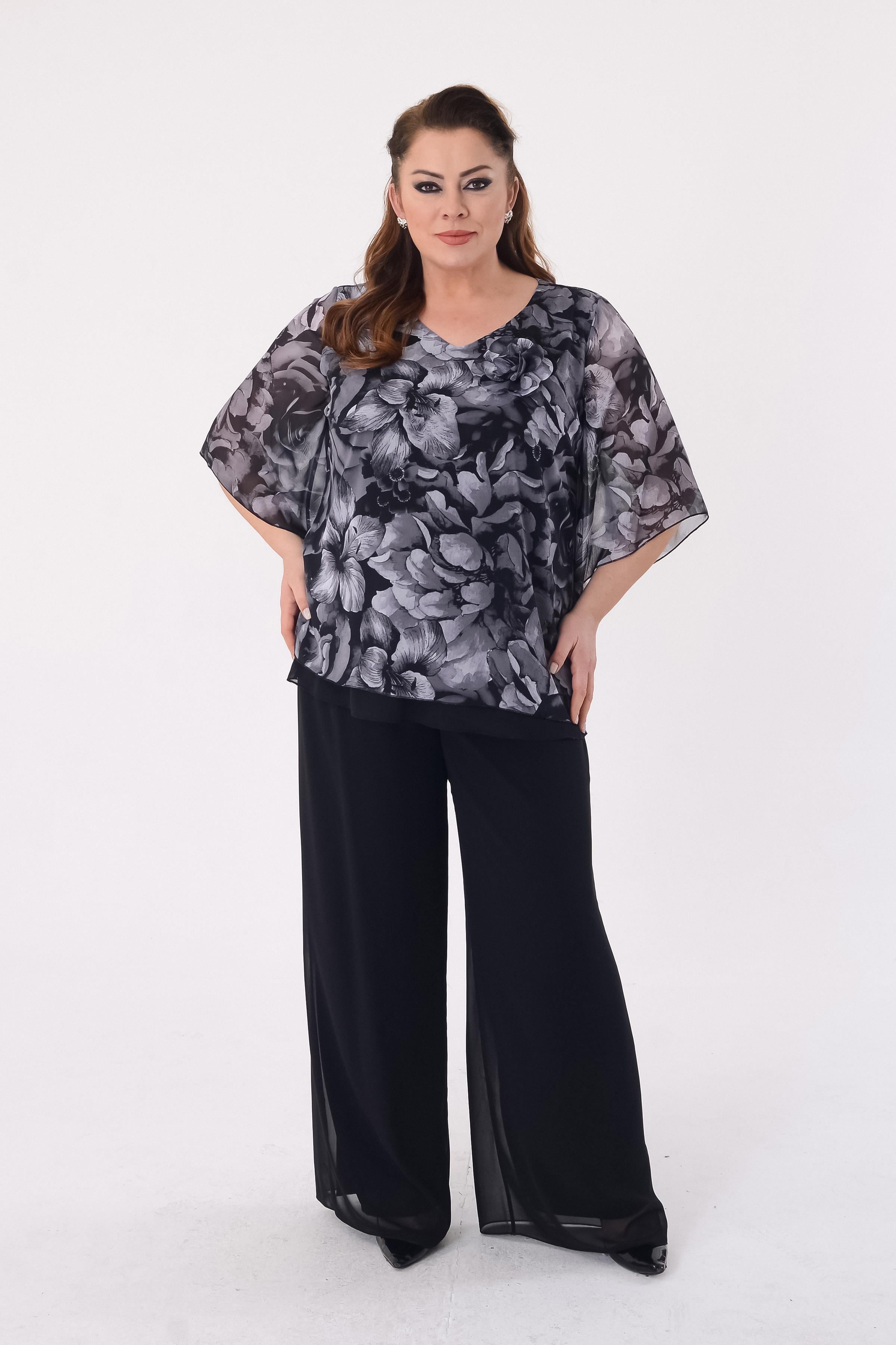 Büyük Beden Gri Çiçekli Şifon Abiye Bluz