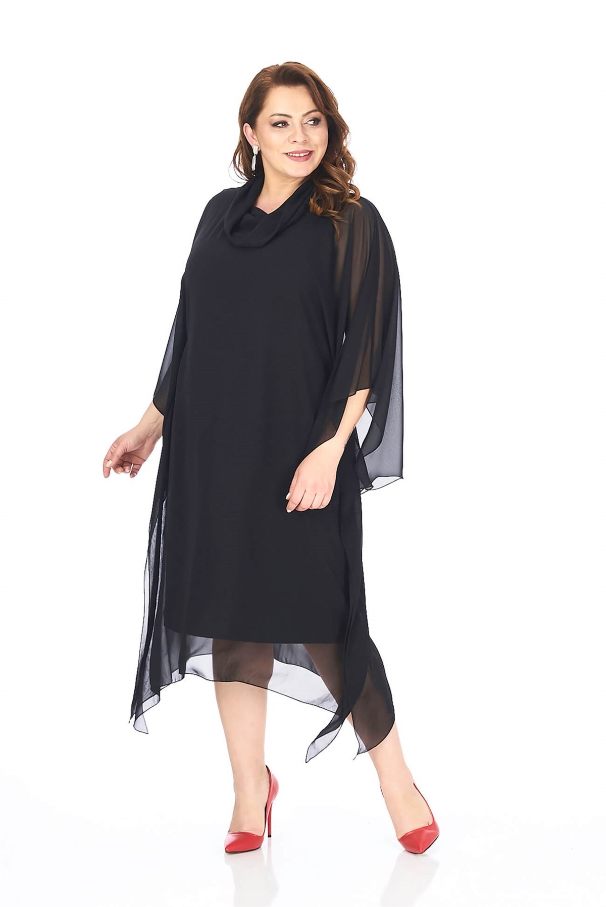 Büyük Beden Siyah Renkli Degaje Yaka Şifon Elbise - LilasXXL
