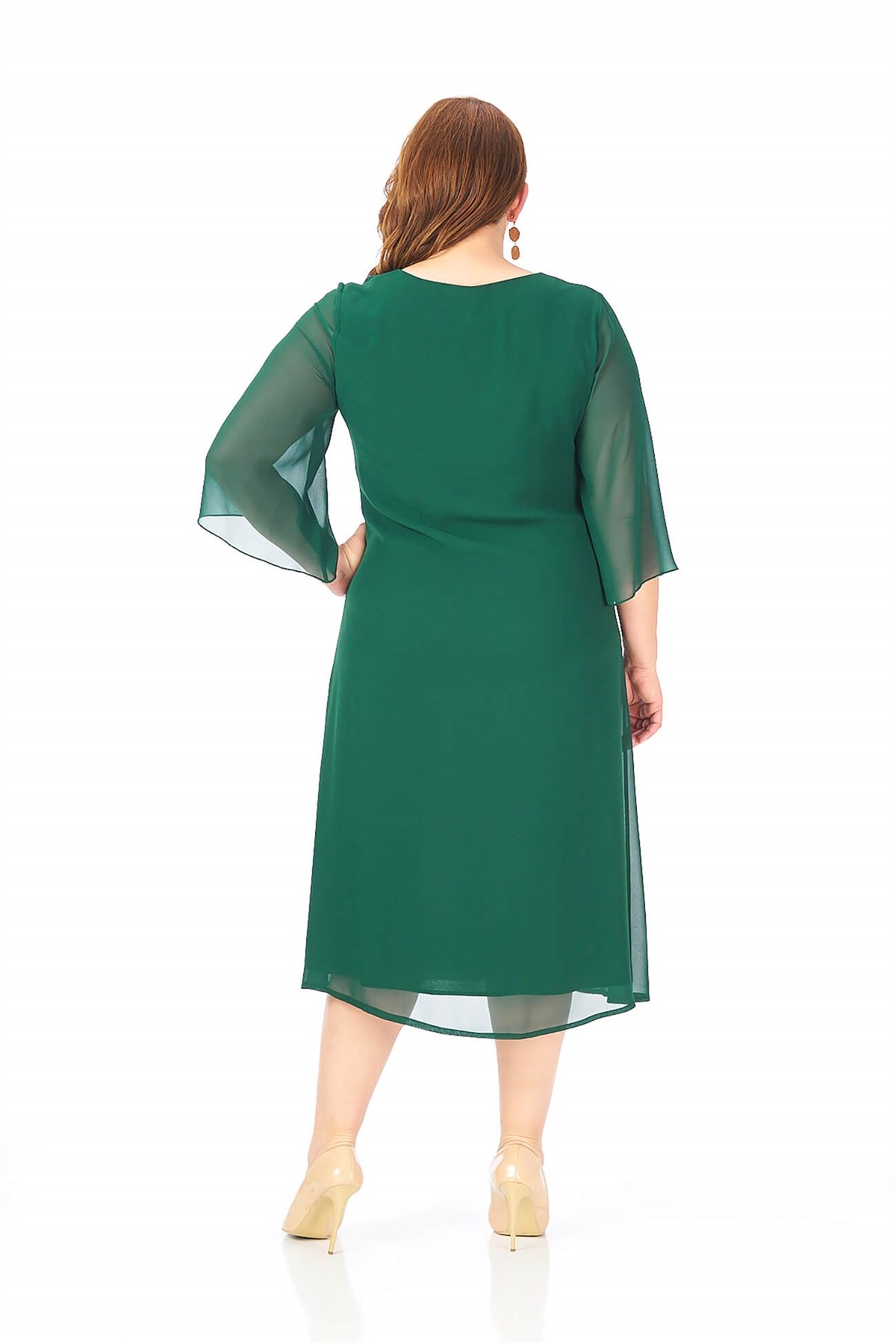 Büyük Beden Yeşil Renkli Şifon Elbise - LilasXXL