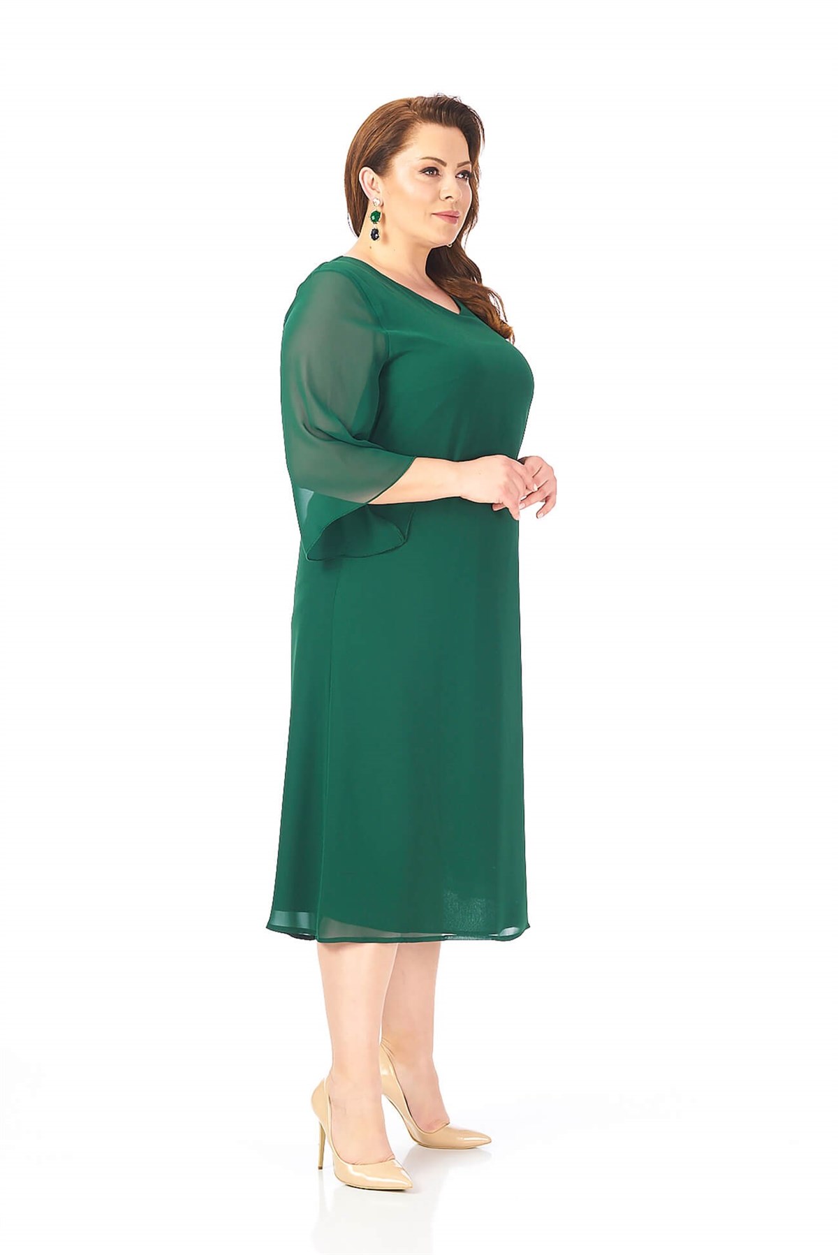 Büyük Beden Yeşil Renkli Şifon Elbise - LilasXXL