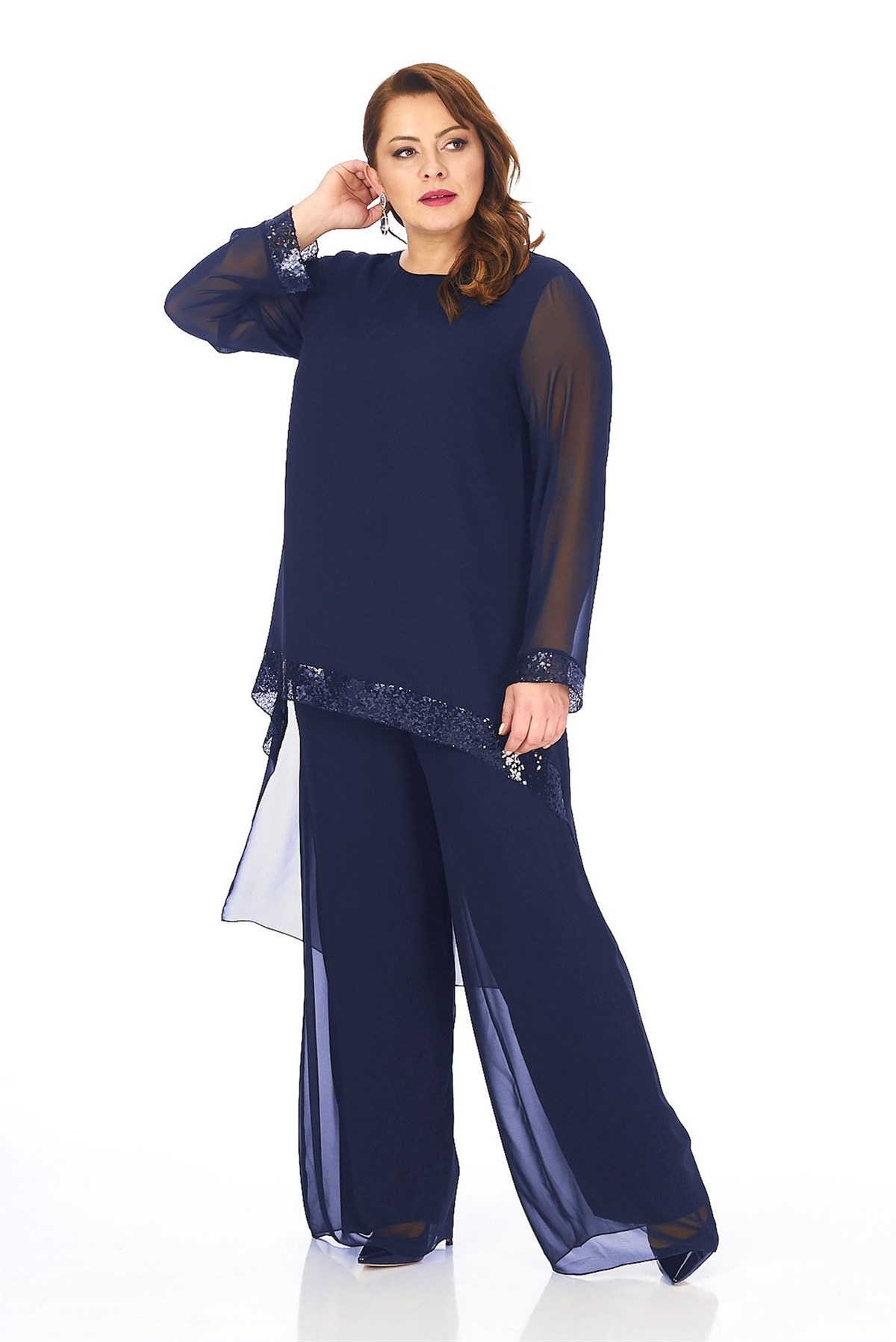 Büyük Beden Lacivert Renkli Şifon Abiye Pantolon Bluz Takım