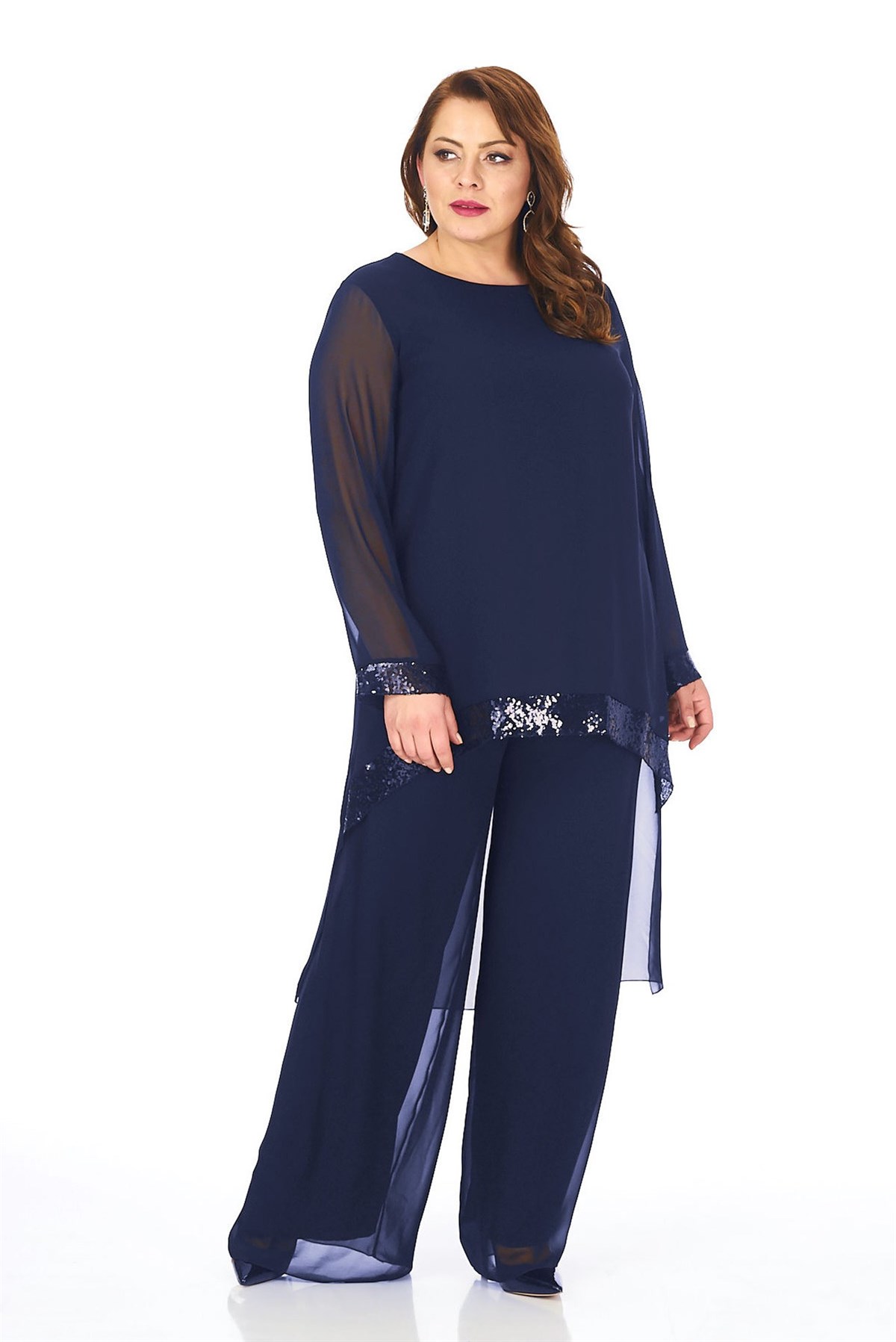 Büyük Beden Lacivert Renkli Şifon Pantolon Bluz Takım - LilasXXL