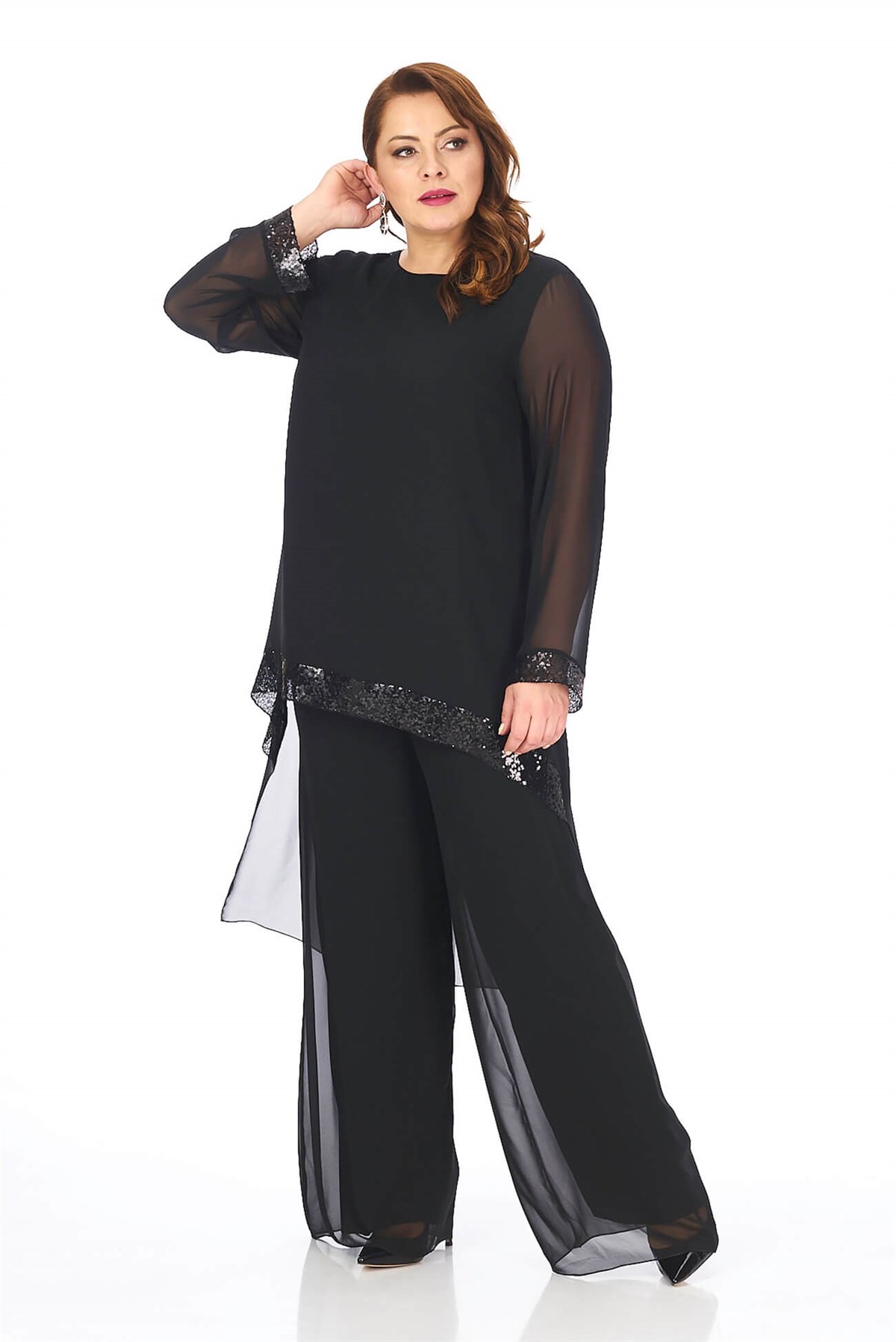 Büyük Beden Siyah Renkli Şifon Pantolon Bluz Takım - LilasXXL