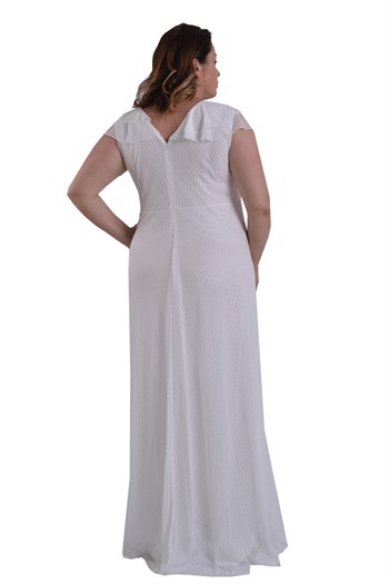 Büyük Beden Beyaz Renkli Petek Tül Fırfırlı Elbise