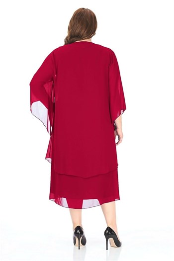Büyük Beden Fes Kırmızı Renkli İçli Dışlı Şifon Elbise