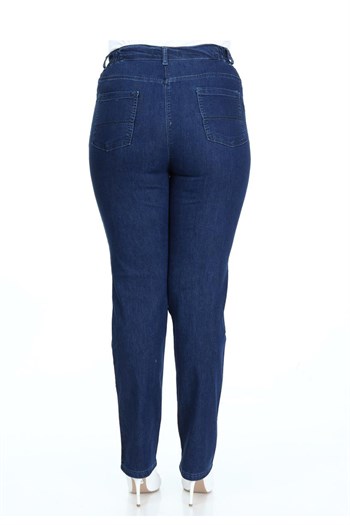 Büyük Beden Koyu Mavi Renkli Beli Yandan Lastlikli Likralı Kot Pantolon