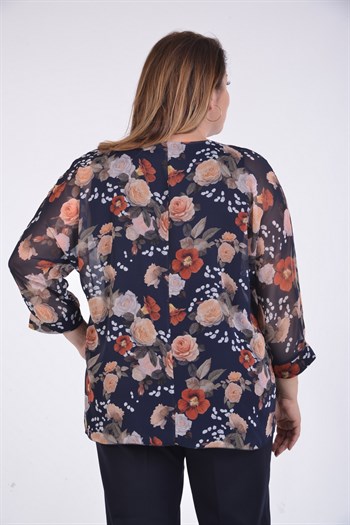 Büyük Beden Lacivert Renkli Çiçekli Desenli Şifon Bluz