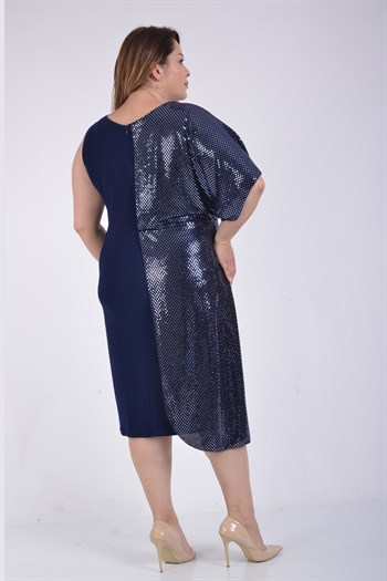 Büyük Beden Lacivert Renkli Pul Detaylı Likralı Elbise 