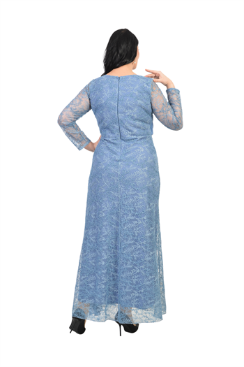Büyük Beden Mavi Renkli  Simli Dantel Uzun Abiye Elbise
