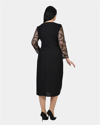 Büyük Beden Siyah Renkli Krep Güpür Dantel Elbise
