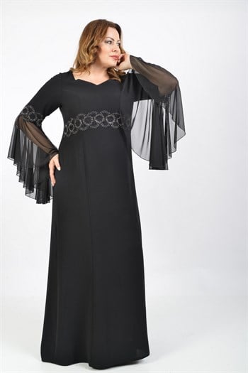 Büyük Beden Siyah Renkli Krep Uzun Abiye Elbise
