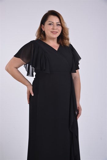 Büyük Beden Siyah Renkli Kruvaze Yaka Şifon Elbise